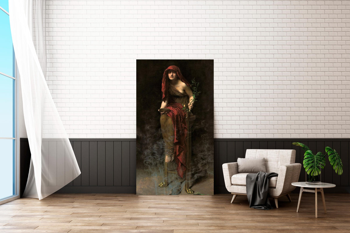 John Collier - Priestess of Delphi, Pythia. Canvas art print, Bedroom decor, Mystical woman art, Pythia art, Dark painti