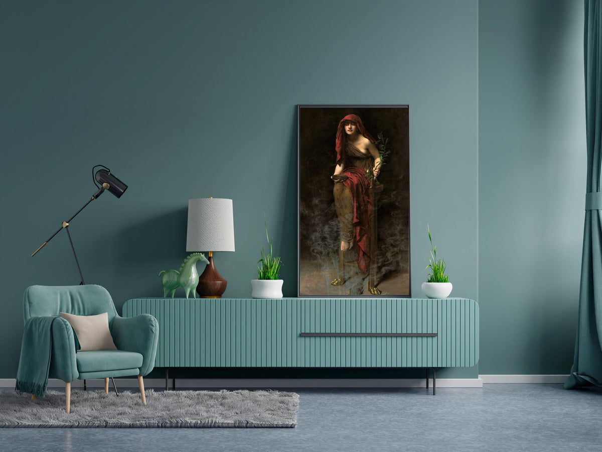 John Collier - Priestess of Delphi, Pythia. Canvas art print, Bedroom decor, Mystical woman art, Pythia art, Dark painti