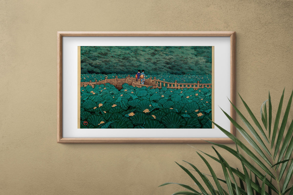Kawase Hasui - The Pond at Benten Shrine in Shiba. Japanese wall art, Large canvas, Japanese decor, Japanese landscape, 