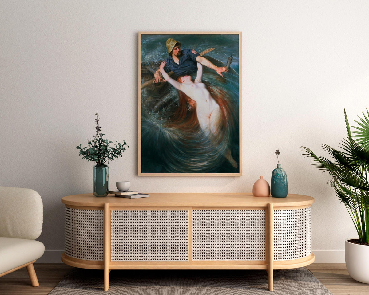 Knut Ekwall - Fisherman and The Siren. Mermaid poster print, Siren wall art, Canvas print, Bedroom decor, Water nymph po