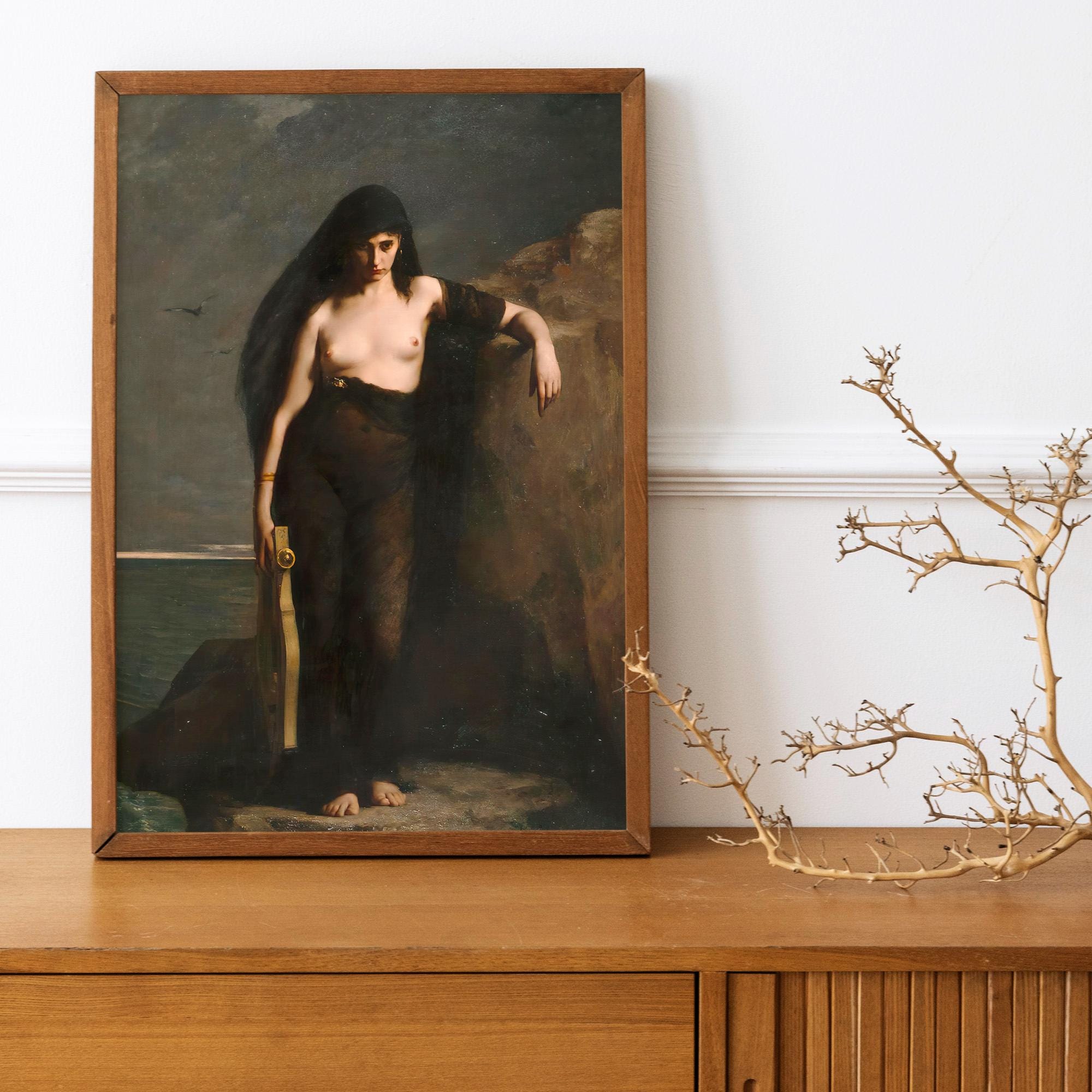 Charles Mengin - Sappho. Death of Sappho, Dark wall art, Living room decor, Mystical Women, Sappho art print, Large wall