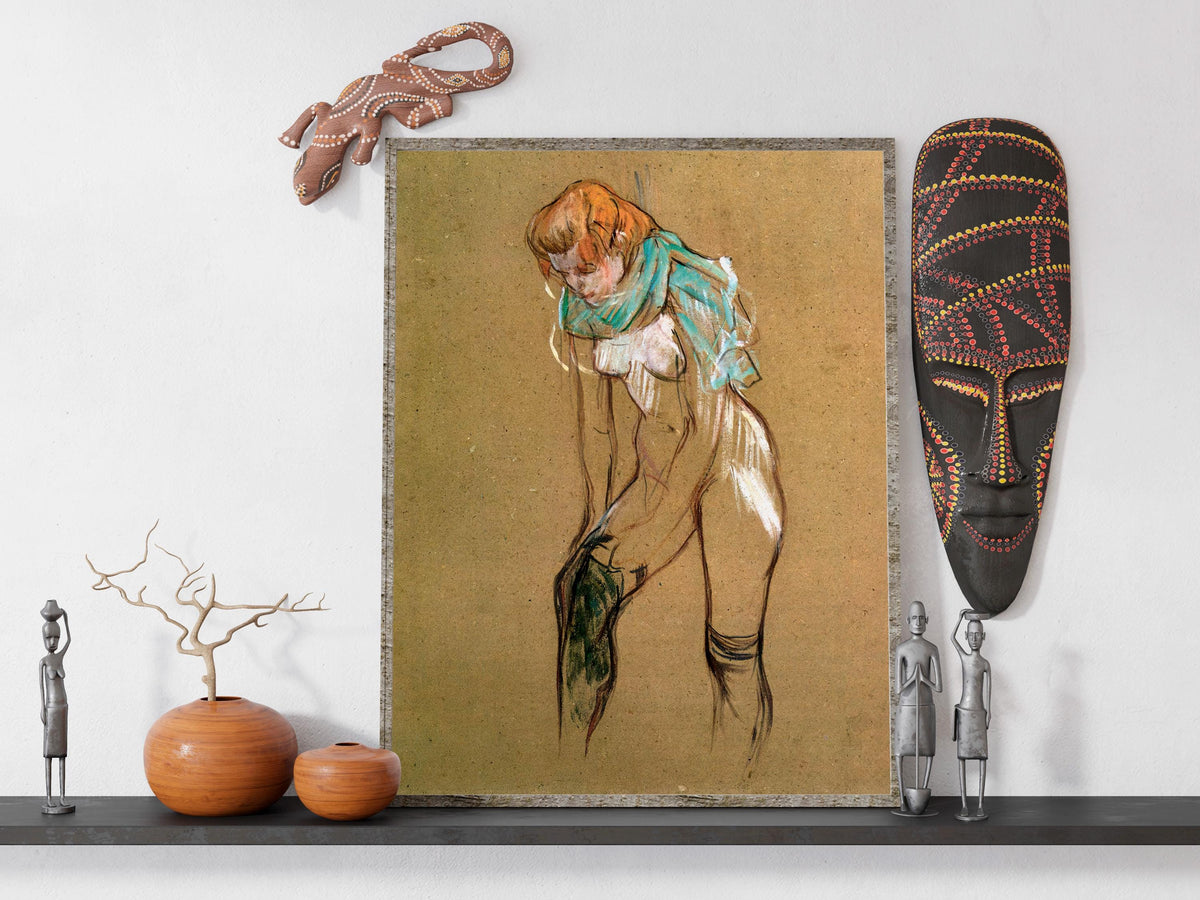 Henri de Toulouse Lautrec - Woman pulling up her stocking study. Sensual poster print, Beautiful girl art print, Interio