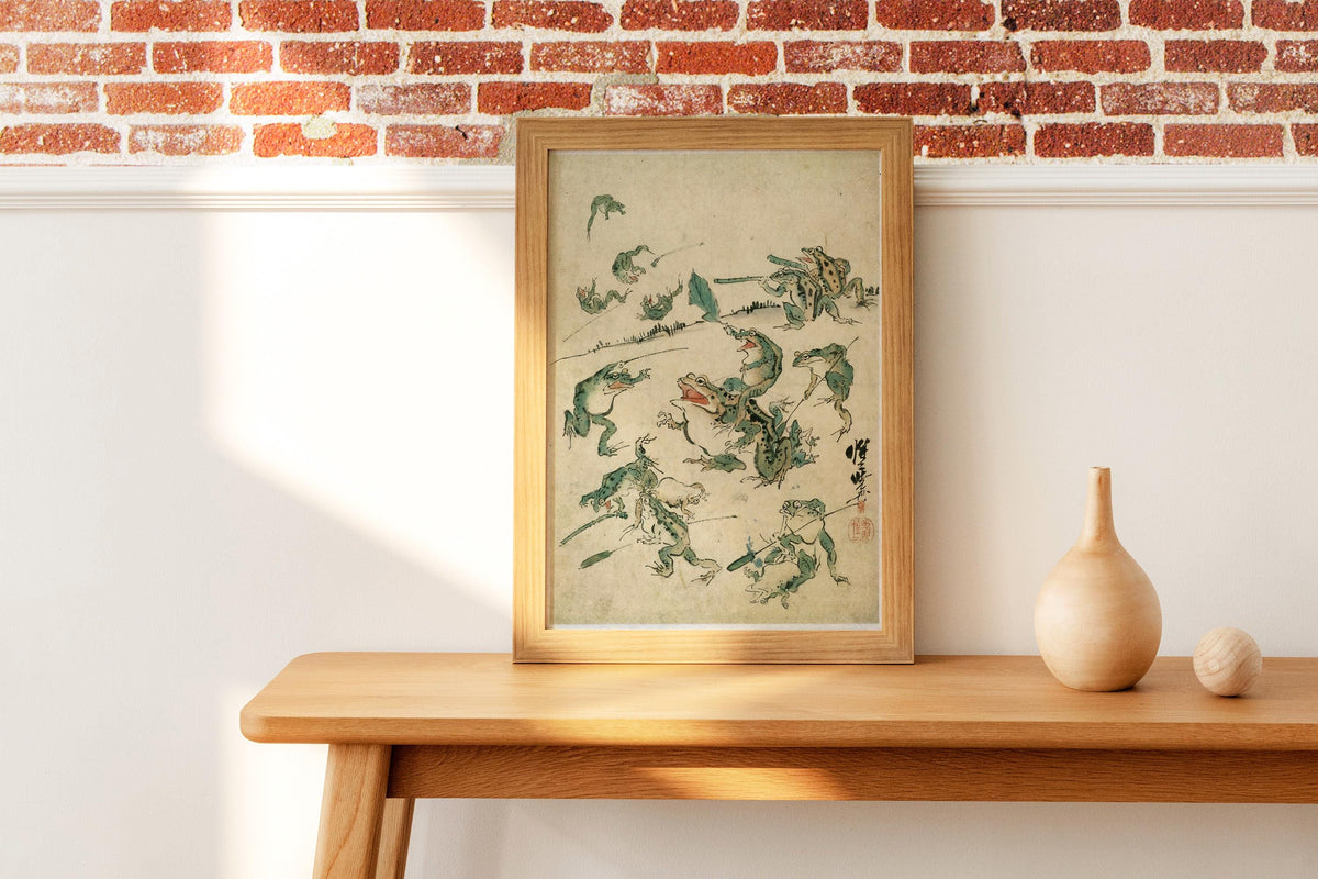 Kawanabe Kyosai - Battle Of The Frogs. Kitchen wall art, Japanese frogs art print, Japanese home decor, Frogs poster pri