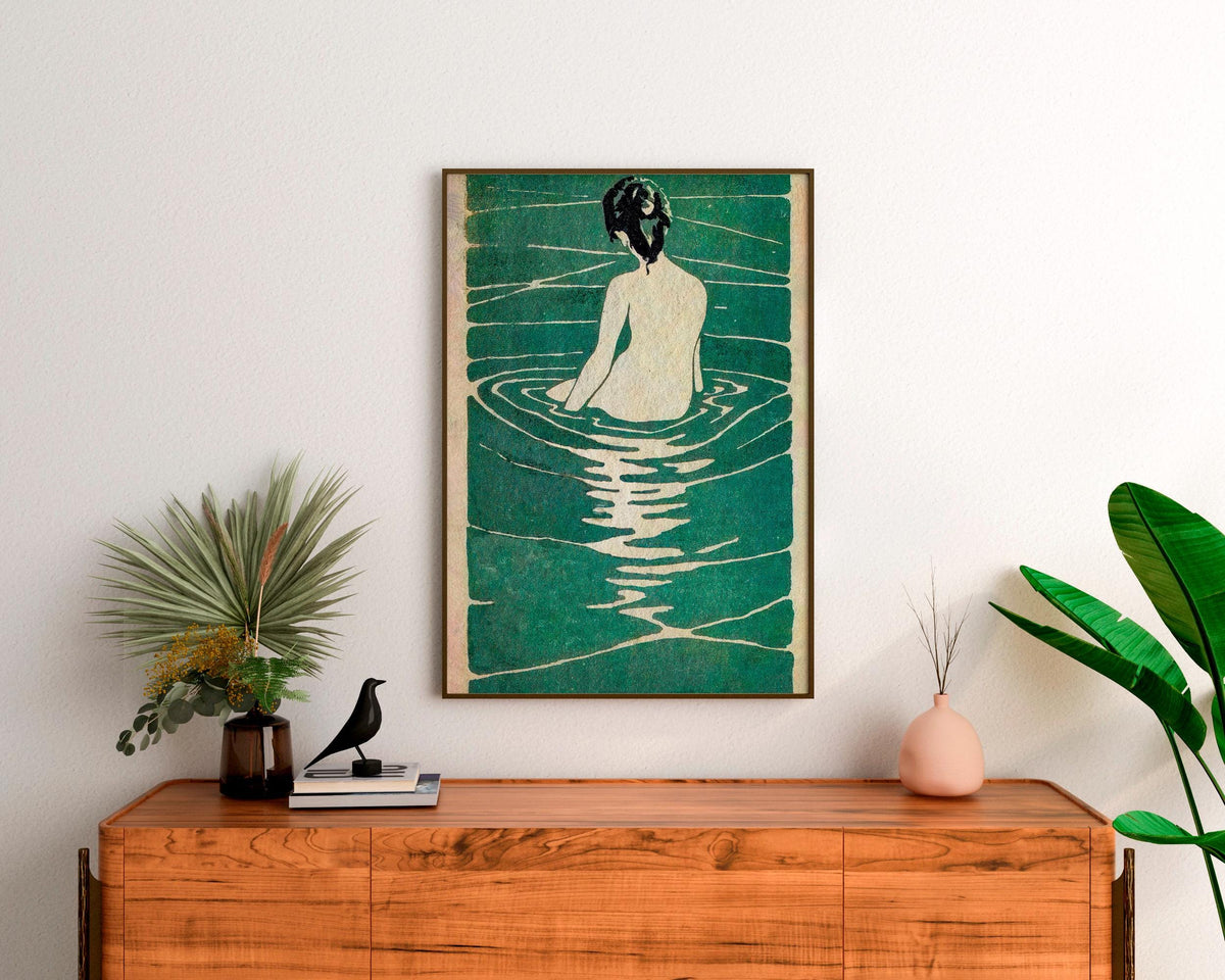 Ichijô Narumi - Female Seated in Water. Japanese art print, Sensual wall art, Beautiful girl in water art, Ready to hang
