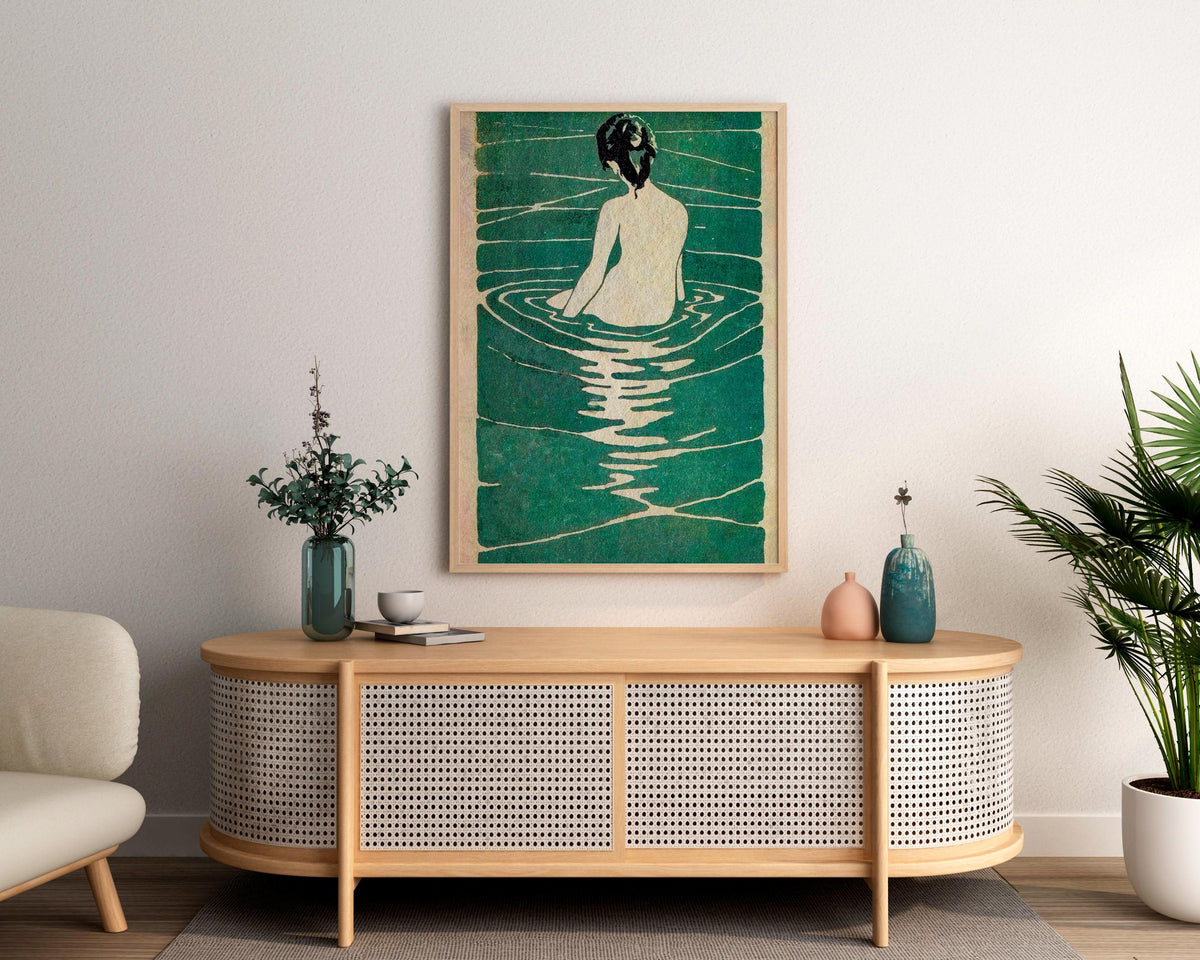 Ichijô Narumi - Female Seated in Water. Japanese art print, Sensual wall art, Beautiful girl in water art, Ready to hang