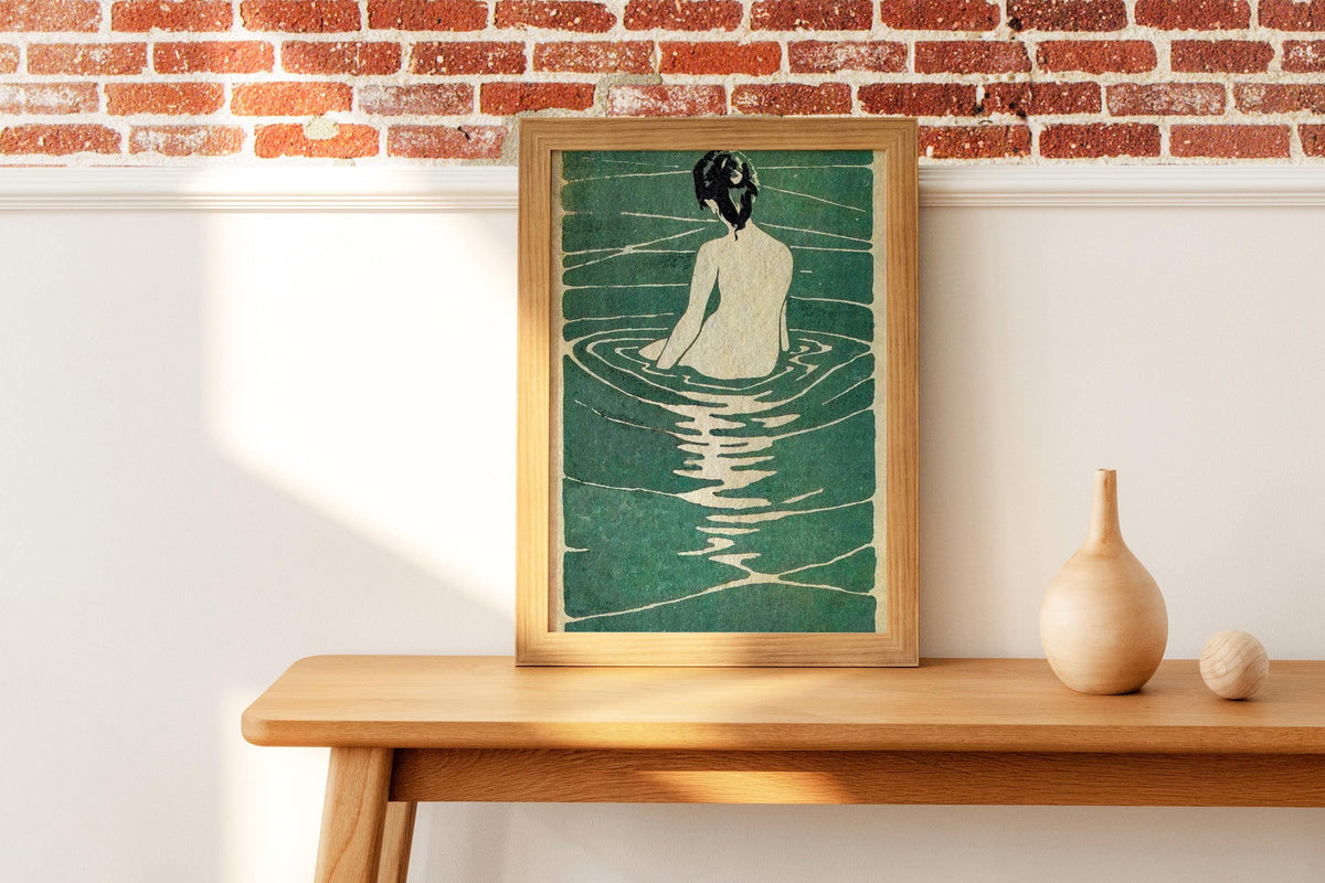 Ichijô Narumi - Female Seated in Water. Japanese art print, Sensual wall art, Beautiful girl in water art, Ready to hang