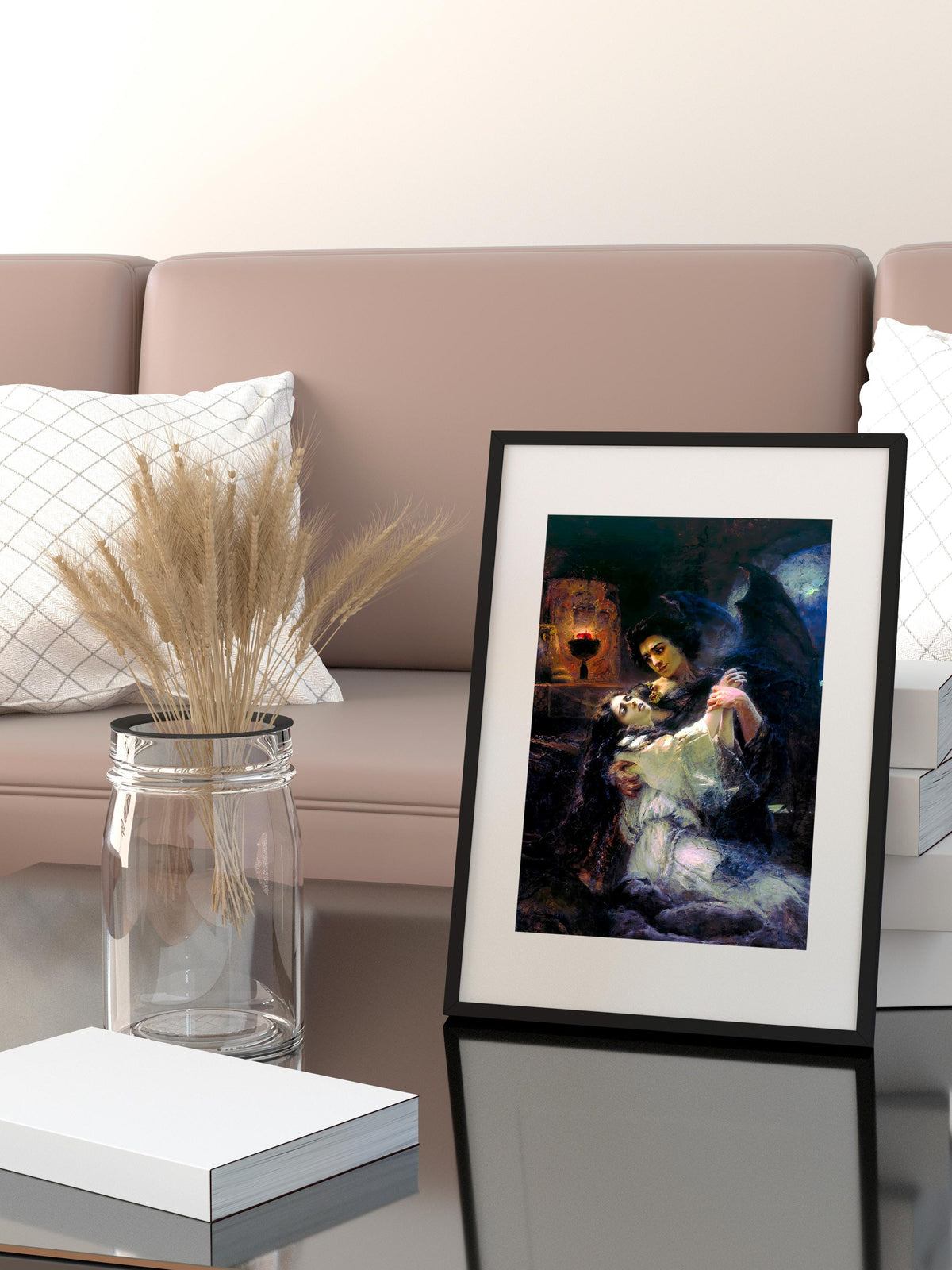 Konstantin Makovsky - Tamara and Demon. Couple wall art, Dark gothic canvas painting, Love art print, Home decor, Canvas