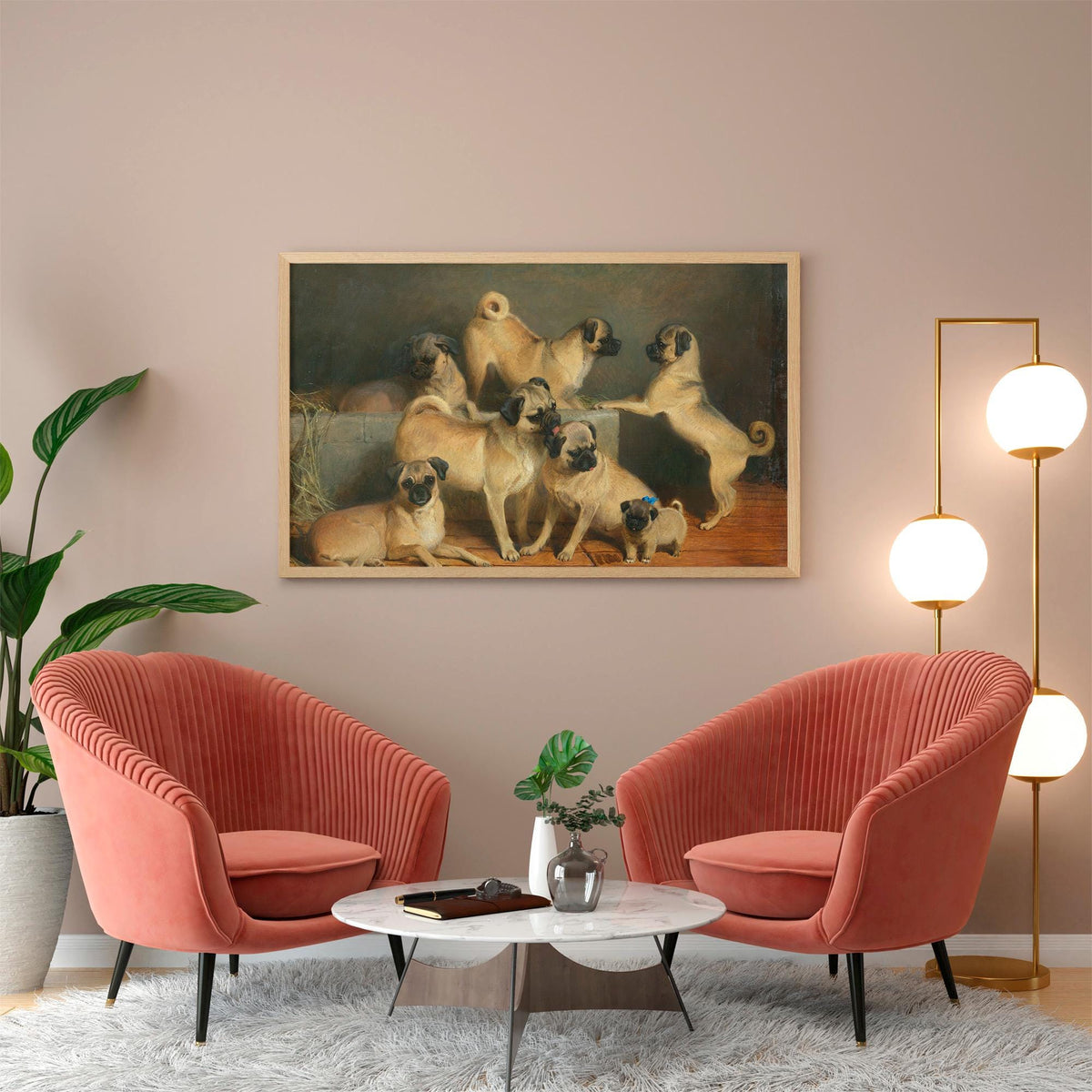 Charles Burton Barber - A Family of Pugs. Canvas painting, Mops wall art, Bedroom decor, Dogs poster print, Reproduction