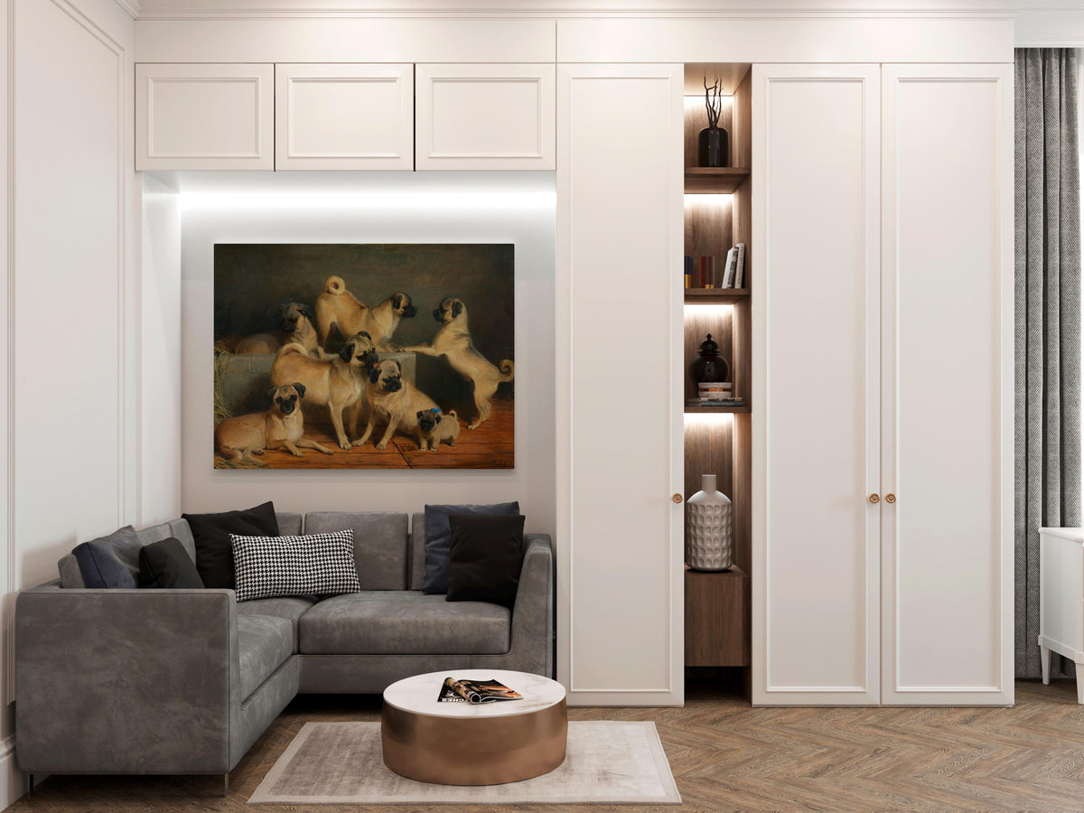 Charles Burton Barber - A Family of Pugs. Canvas painting, Mops wall art, Bedroom decor, Dogs poster print, Reproduction