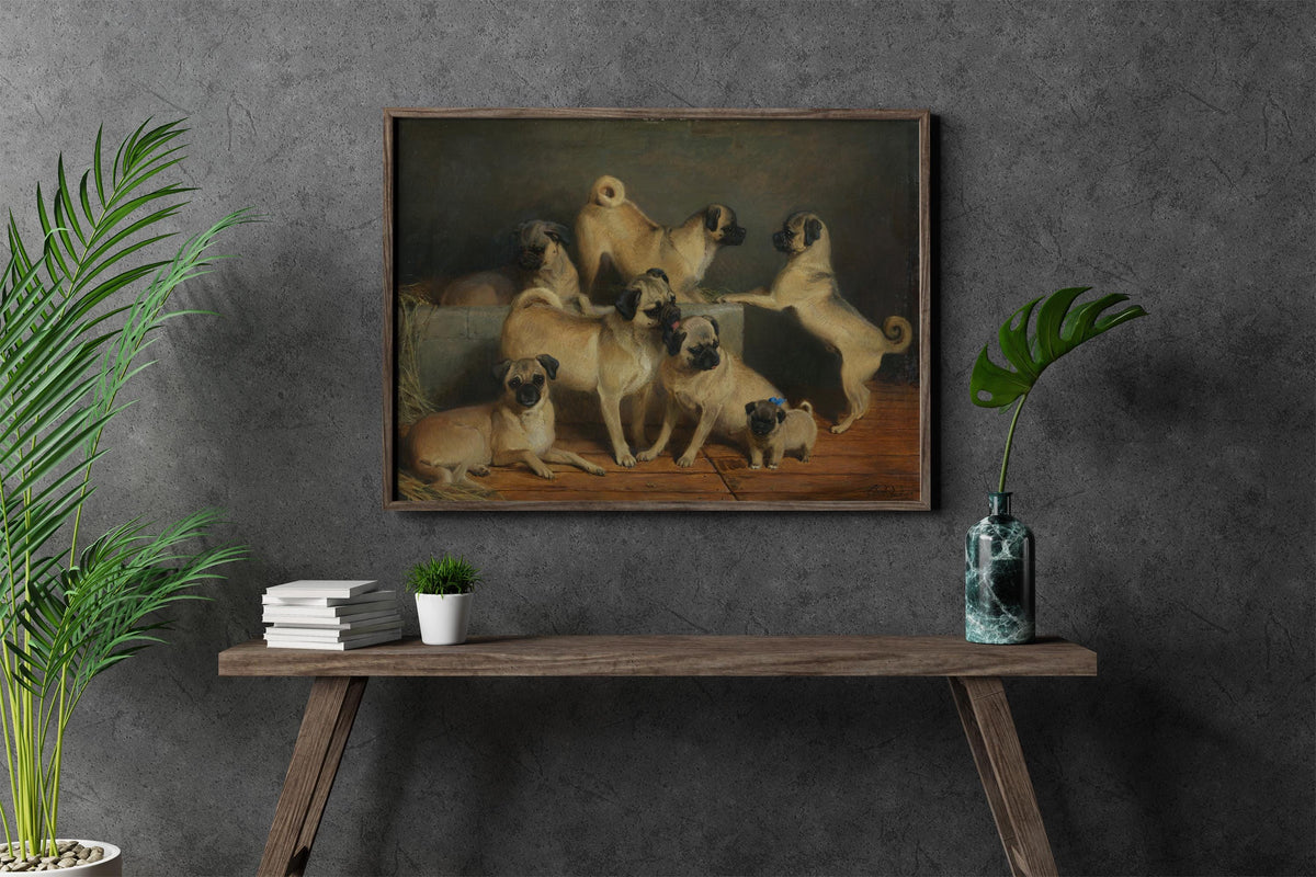 Charles Burton Barber - A Family of Pugs. Canvas painting, Mops wall art, Bedroom decor, Dogs poster print, Reproduction
