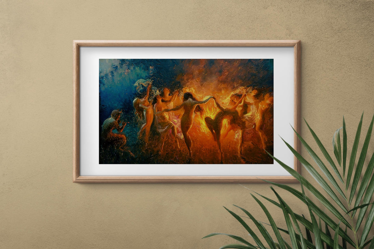 Joseph Tomanek - Fire Dance, Nymphs dancing. Bedroom decor, Magical witches artwork, Gothic canvas, Witches dancing art,