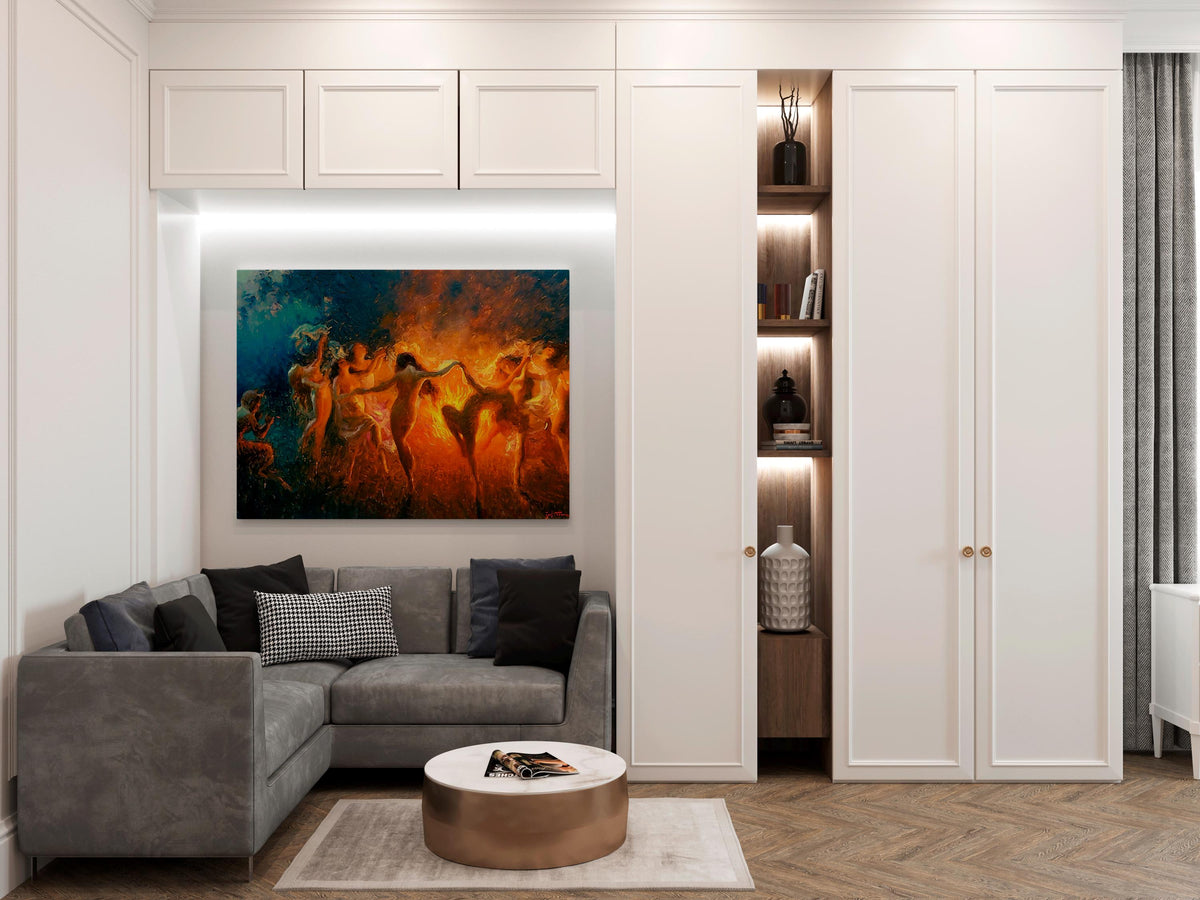 Joseph Tomanek - Fire Dance, Nymphs dancing. Bedroom decor, Magical witches artwork, Gothic canvas, Witches dancing art,