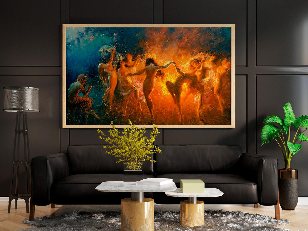 Joseph Tomanek - Fire Dance, Nymphs dancing. Bedroom decor, Magical witches artwork, Gothic canvas, Witches dancing art,