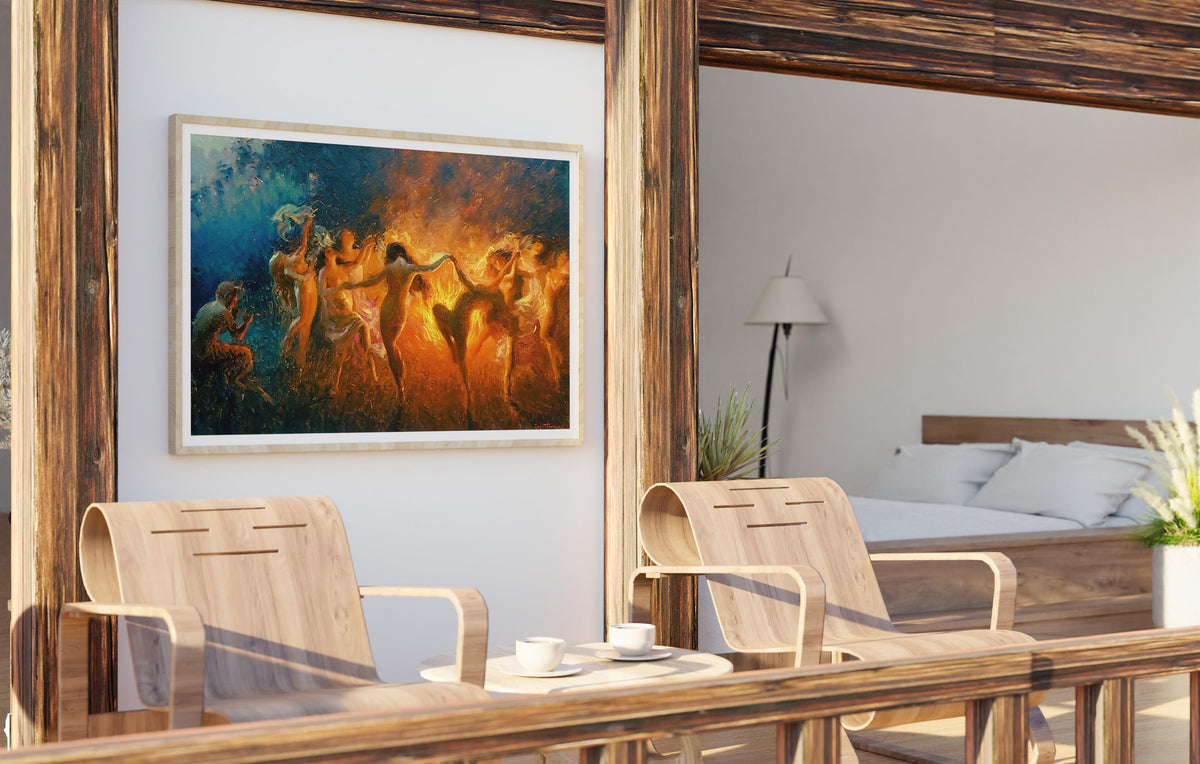Joseph Tomanek - Fire Dance, Nymphs dancing. Bedroom decor, Magical witches artwork, Gothic canvas, Witches dancing art,