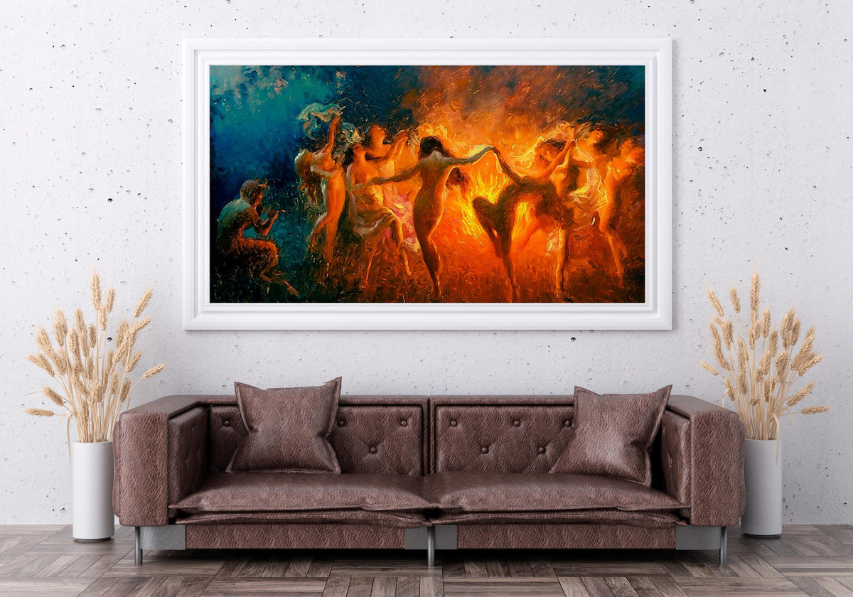 Joseph Tomanek - Fire Dance, Nymphs dancing. Bedroom decor, Magical witches artwork, Gothic canvas, Witches dancing art,