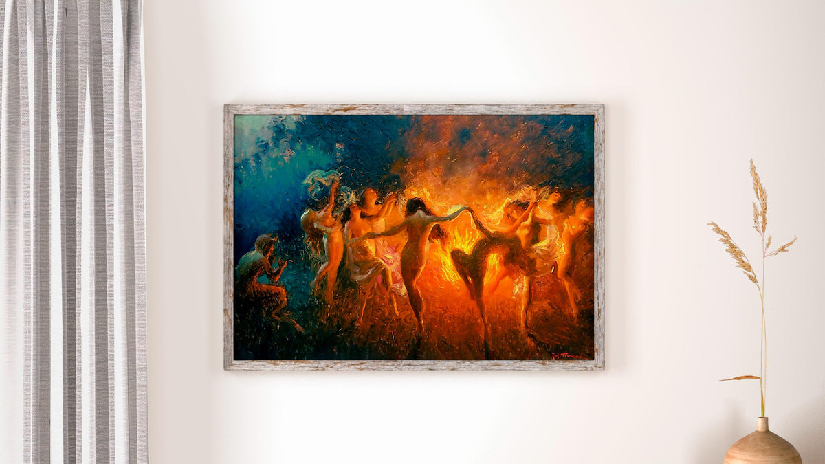 Joseph Tomanek - Fire Dance, Nymphs dancing. Bedroom decor, Magical witches artwork, Gothic canvas, Witches dancing art,