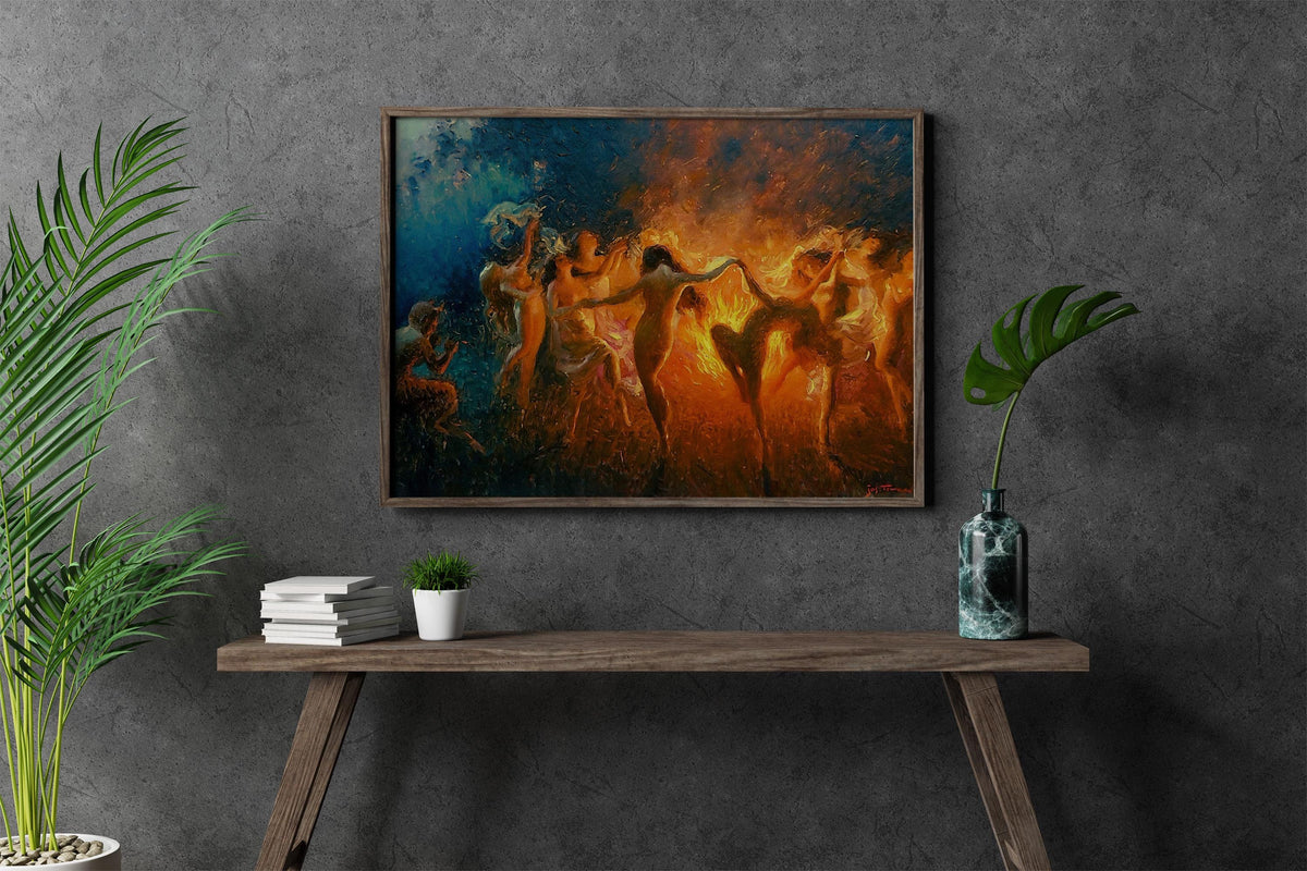 Joseph Tomanek - Fire Dance, Nymphs dancing. Bedroom decor, Magical witches artwork, Gothic canvas, Witches dancing art,