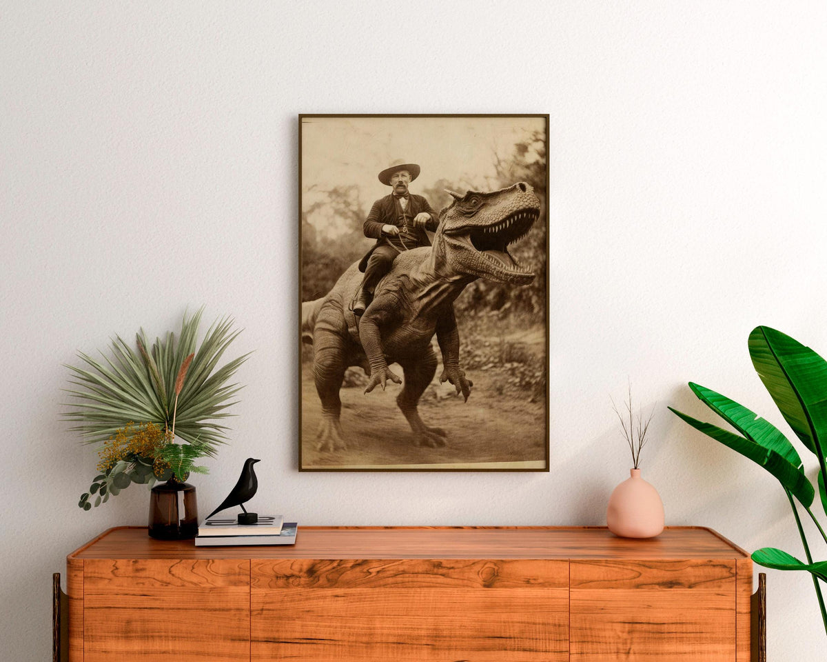 Dinosaur cowboy art, Surreal cowboy poster, Wild west dinosaur painting, Strange Bizarre wall decor, Cowboy dinosaur pho