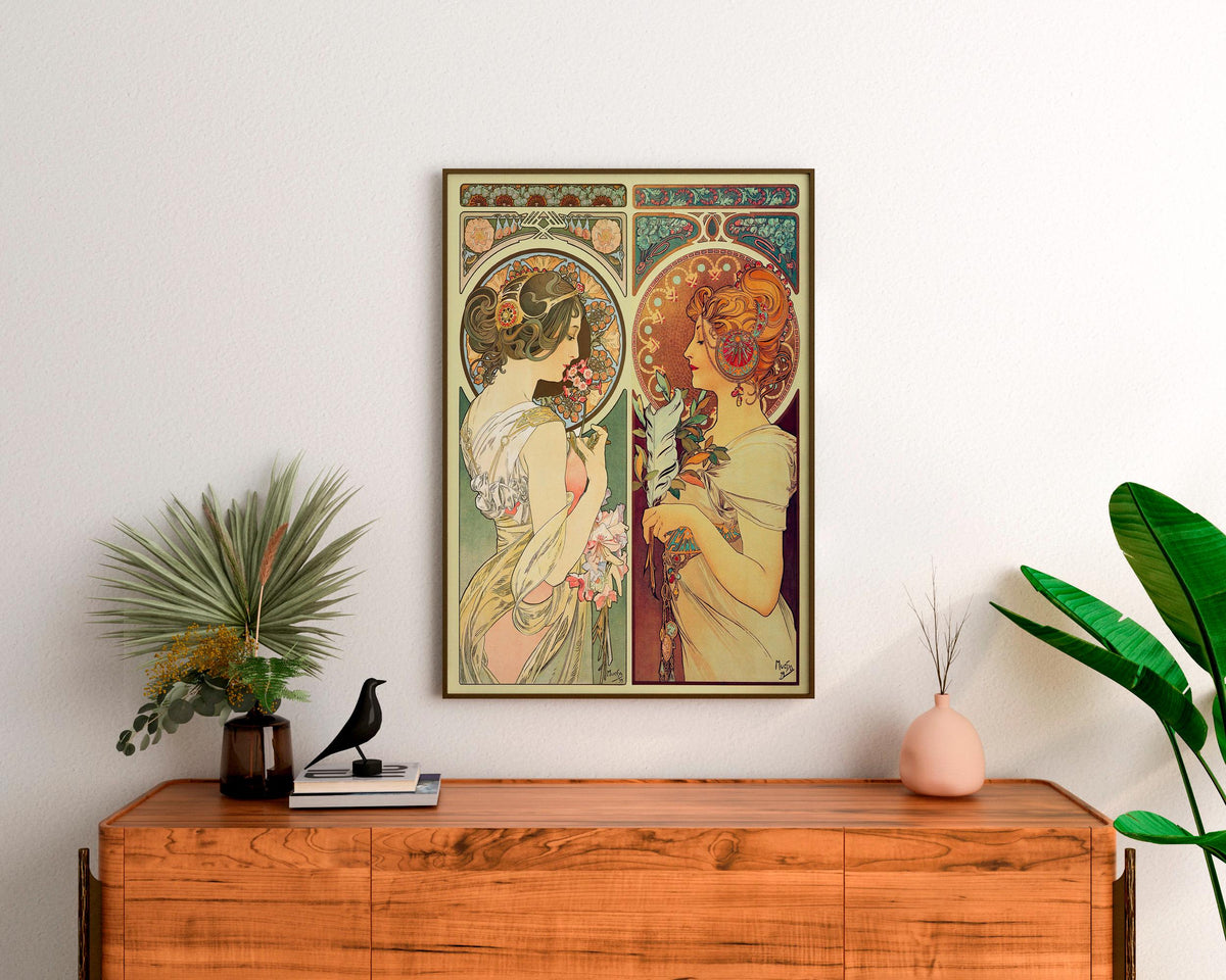 Alphonse Mucha - La Primevere and La Plume. Art nouveau poster, Decorative vintage art, Elegant girl art print, Famous a