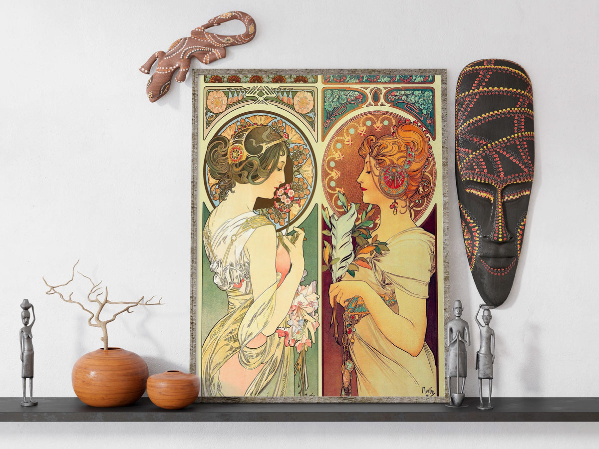 Alphonse Mucha - La Primevere and La Plume. Art nouveau poster, Decorative vintage art, Elegant girl art print, Famous a