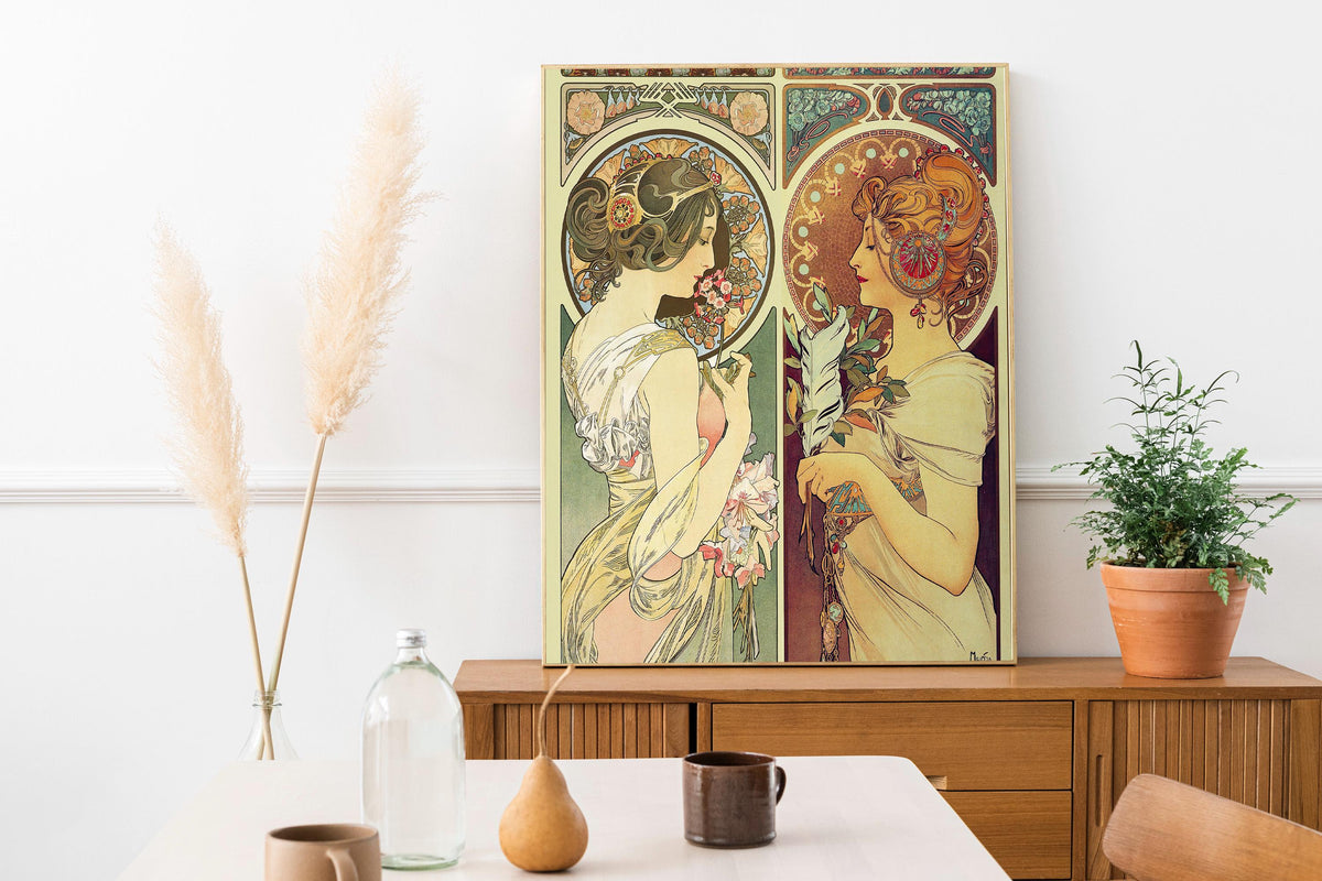 Alphonse Mucha - La Primevere and La Plume. Art nouveau poster, Decorative vintage art, Elegant girl art print, Famous a