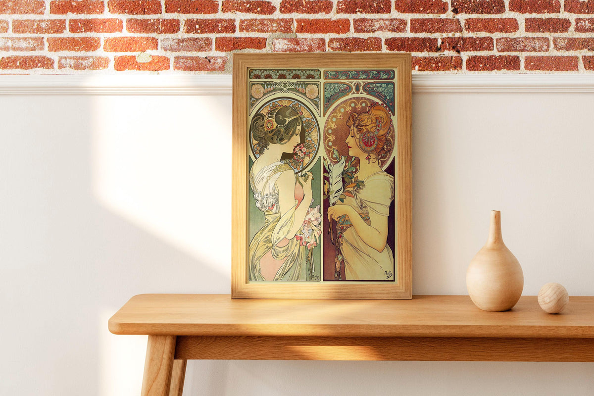 Alphonse Mucha - La Primevere and La Plume. Art nouveau poster, Decorative vintage art, Elegant girl art print, Famous a