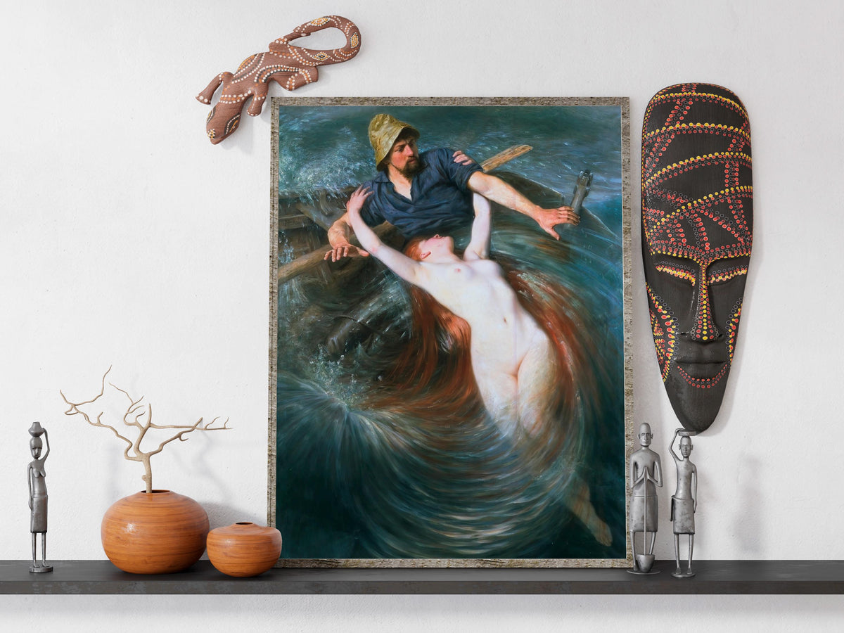 Knut Ekwall - Fisherman and The Siren. Mermaid poster print, Siren wall art, Canvas print, Bedroom decor, Water nymph po