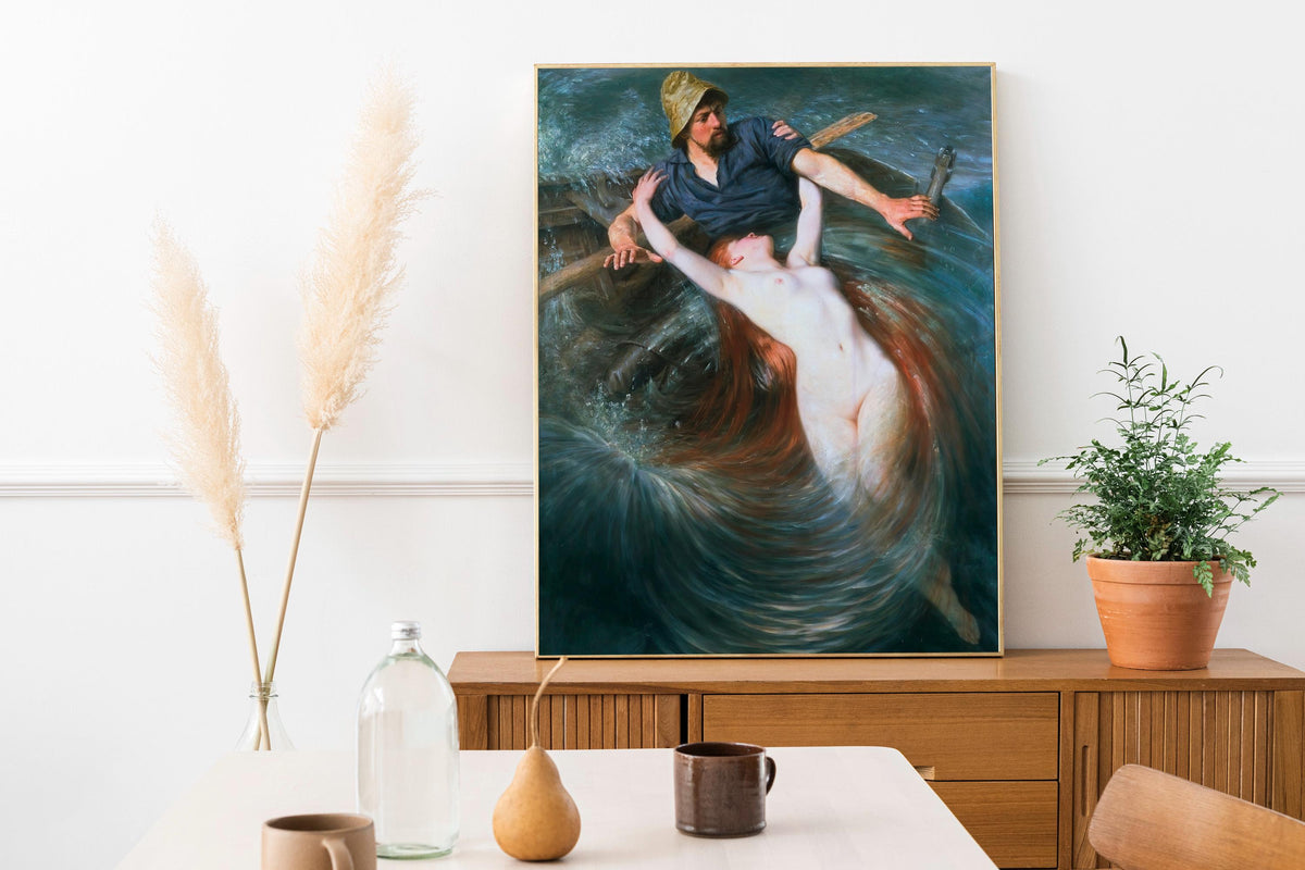 Knut Ekwall - Fisherman and The Siren. Mermaid poster print, Siren wall art, Canvas print, Bedroom decor, Water nymph po