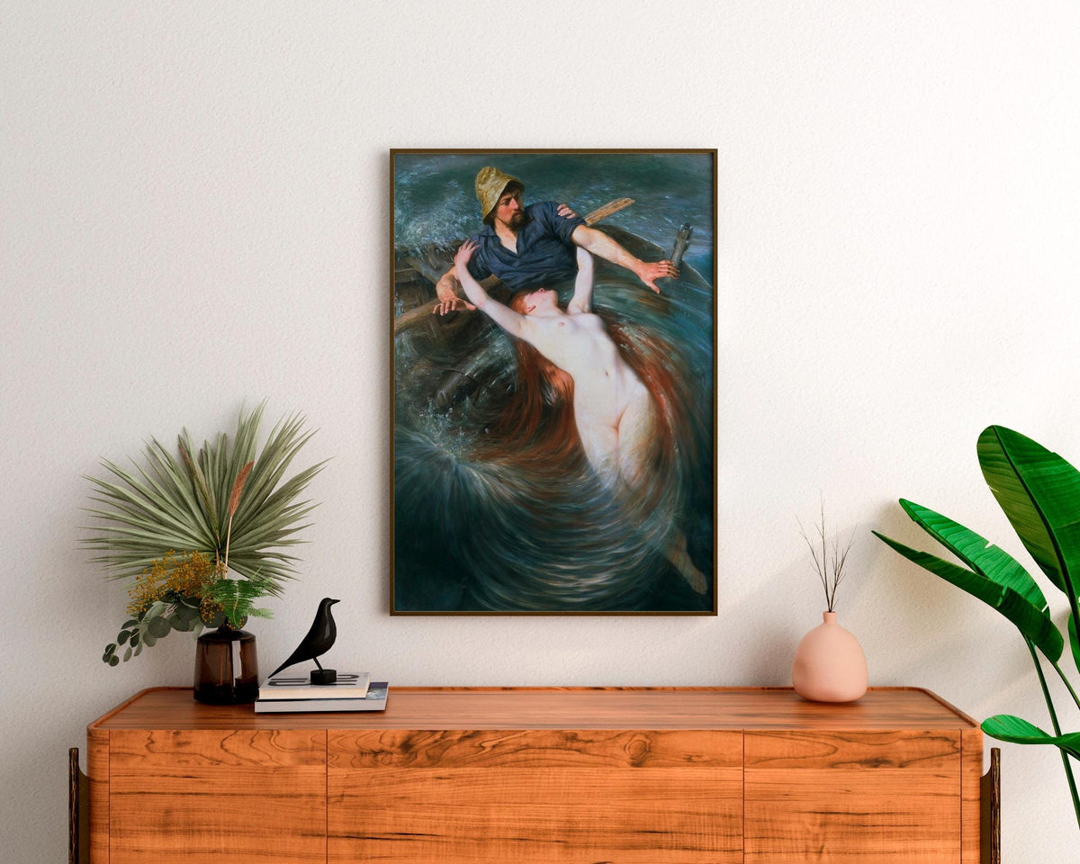 Knut Ekwall - Fisherman and The Siren. Mermaid poster print, Siren wall art, Canvas print, Bedroom decor, Water nymph po