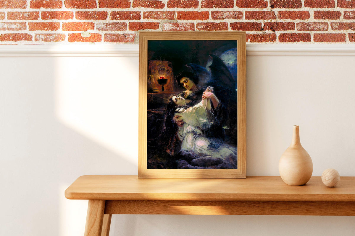 Konstantin Makovsky - Tamara and Demon. Couple wall art, Dark gothic canvas painting, Love art print, Home decor, Canvas