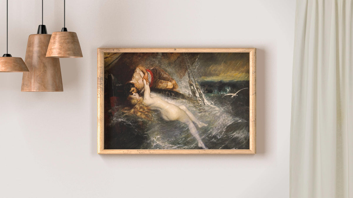Gustav Wertheimer - The Kiss of the Siren. Canvas wall art, Mermaid poster, Bedroom decor, Poster print, Siren painting,