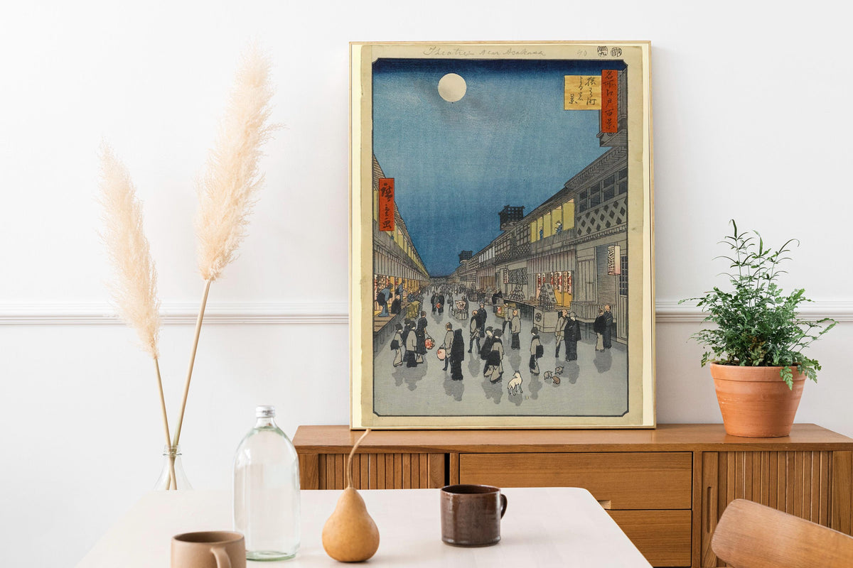 Hiroshige - Saruwakamachi at Night. Japanese landscape art, Print on canvas, Poster print, Japanese home decor, Asian ar