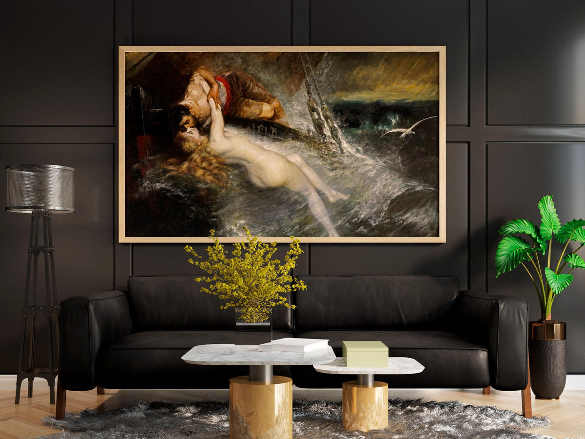 Gustav Wertheimer - The Kiss of the Siren. Canvas wall art, Mermaid poster, Bedroom decor, Poster print, Siren painting,