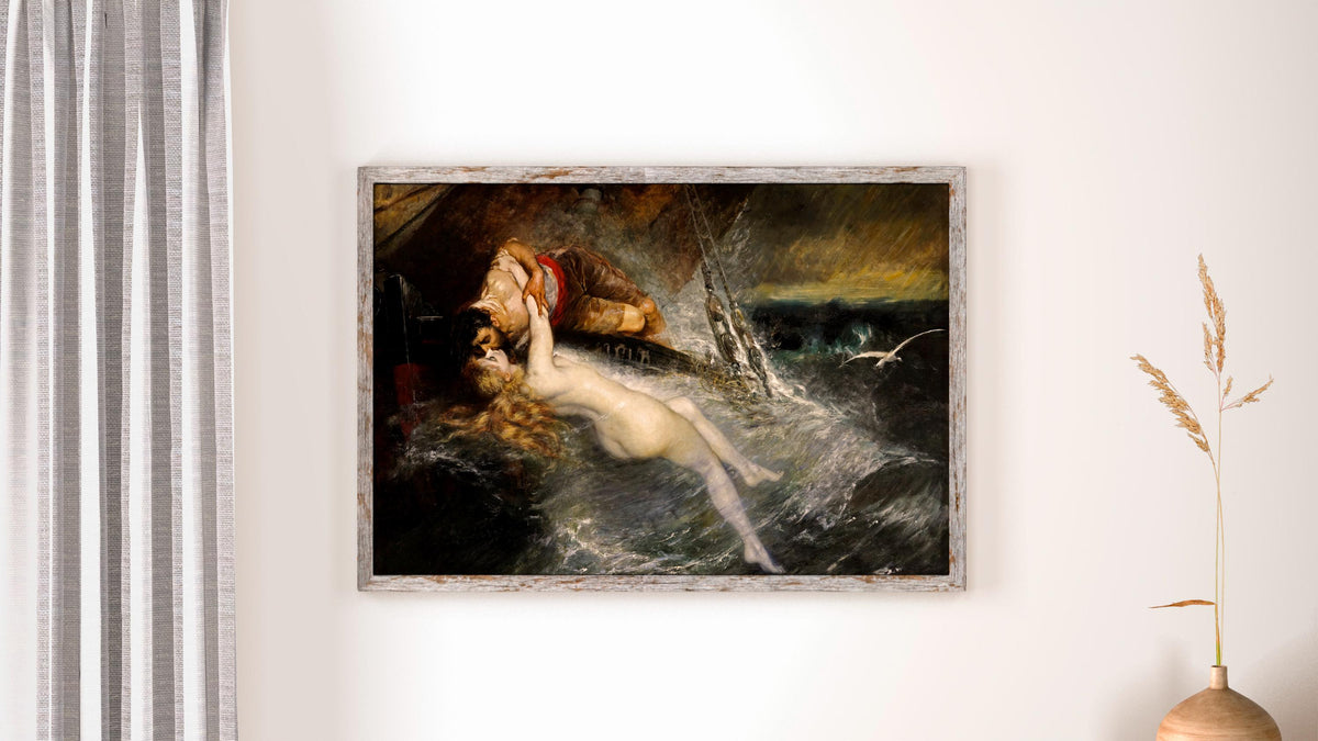 Gustav Wertheimer - The Kiss of the Siren. Canvas wall art, Mermaid poster, Bedroom decor, Poster print, Siren painting,