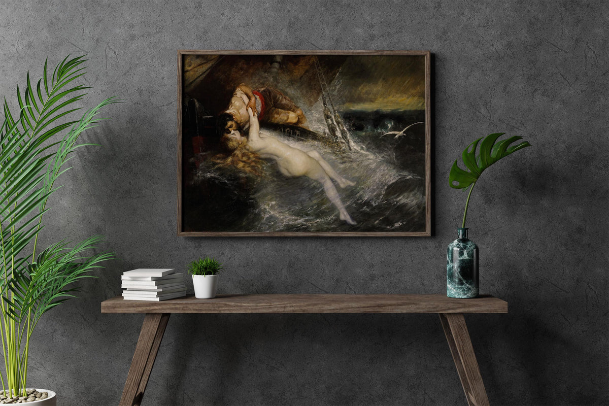 Gustav Wertheimer - The Kiss of the Siren. Canvas wall art, Mermaid poster, Bedroom decor, Poster print, Siren painting,