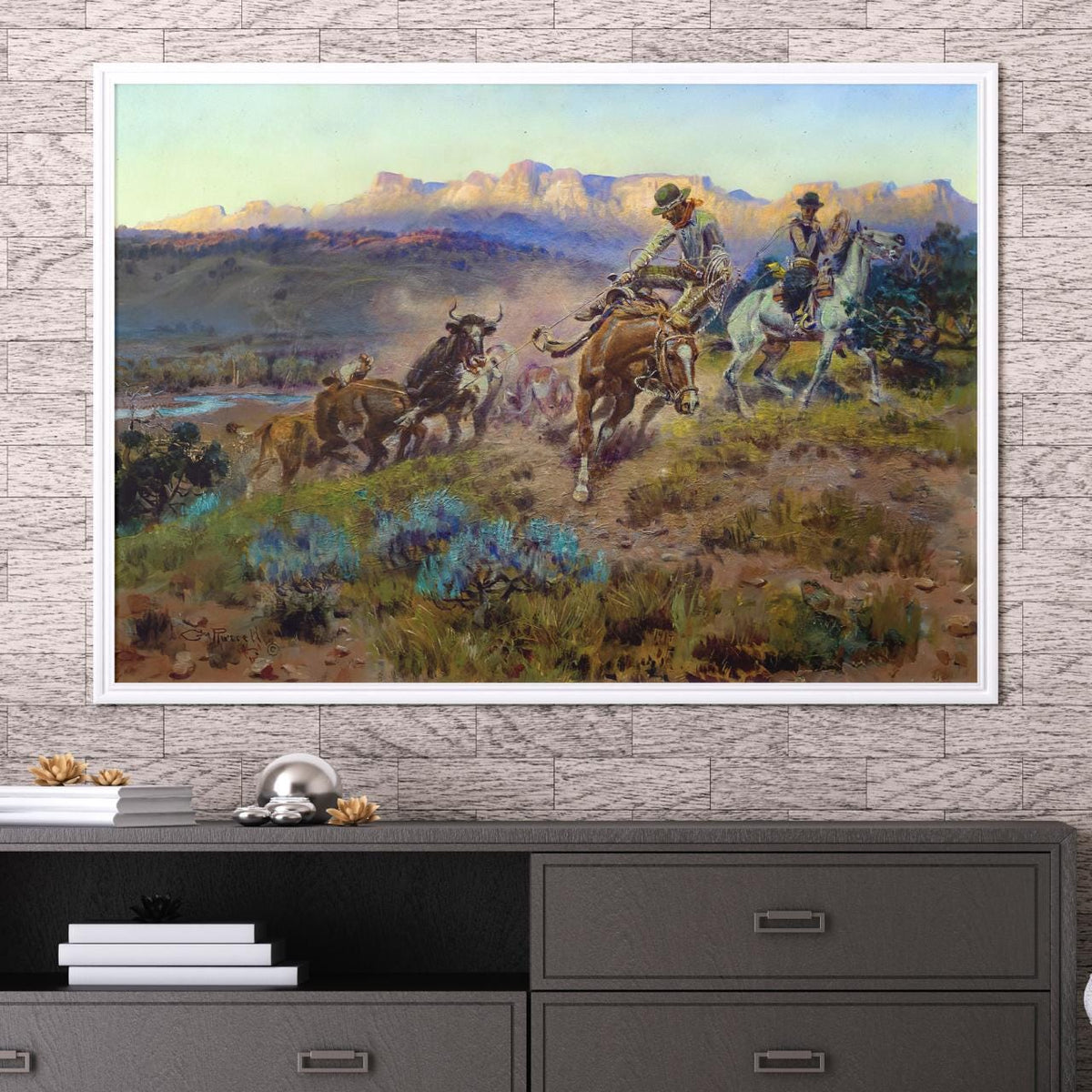 Charles M. Russell, Round-Up on the Musselshell - western wall art, rustic home decor, vintage cowboy print, museum styl