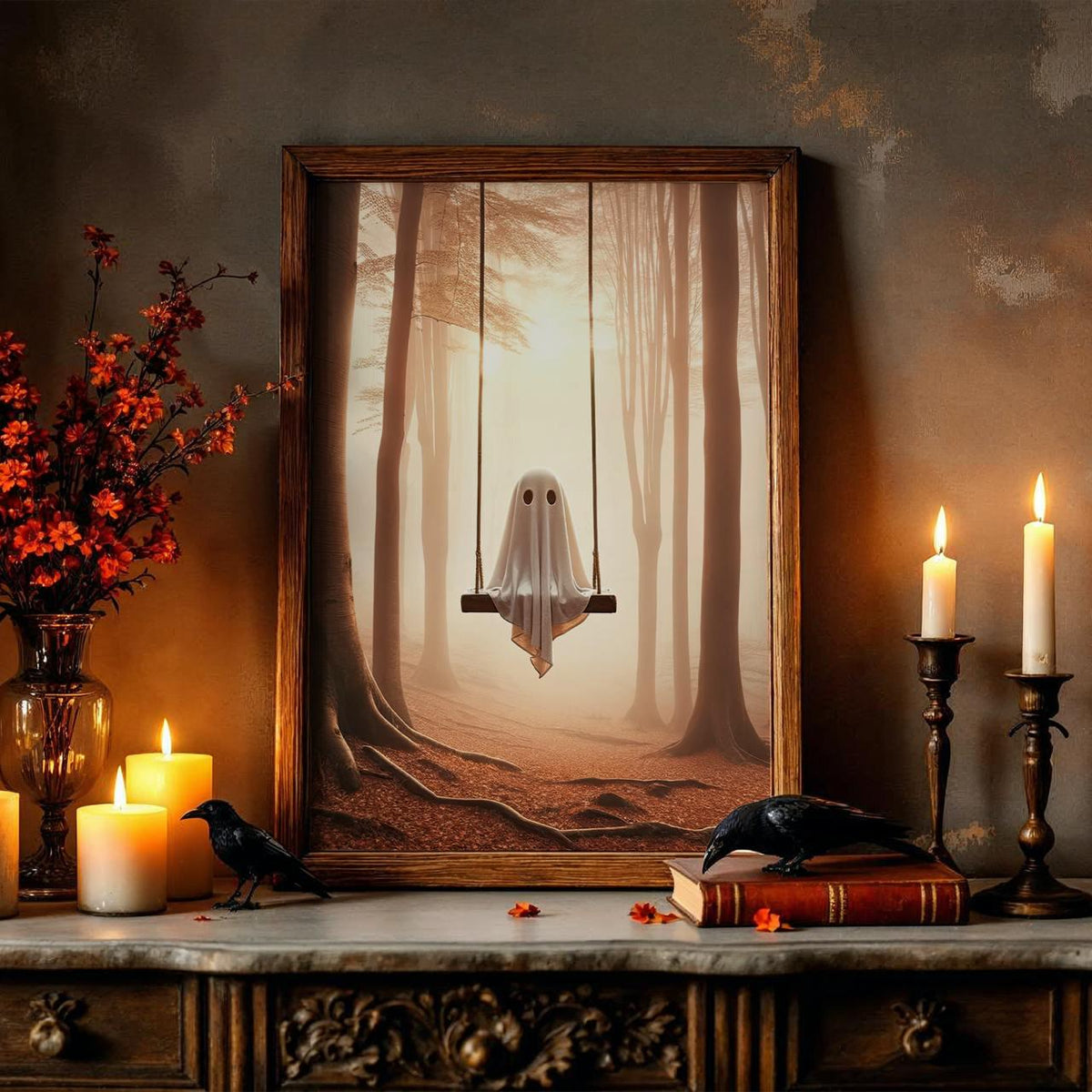 Ghost Swing Art Print – spooky whimsical poster of ghost swinging in forest, perfect Halloween decor, gothic wall art, d