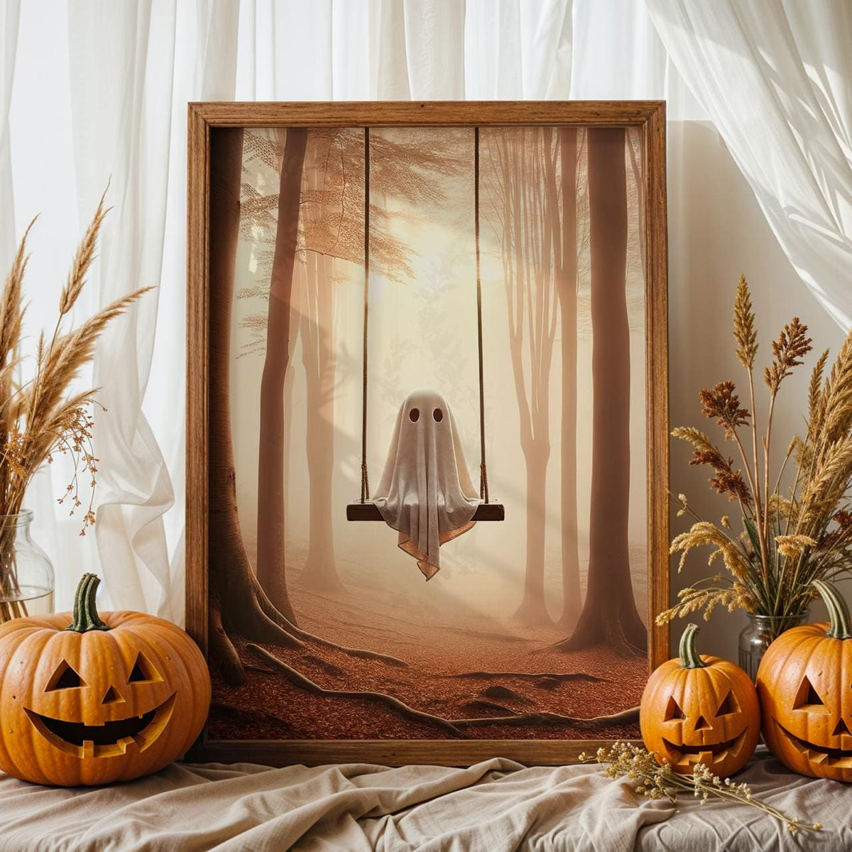 Ghost Swing Art Print – spooky whimsical poster of ghost swinging in forest, perfect Halloween decor, gothic wall art, d