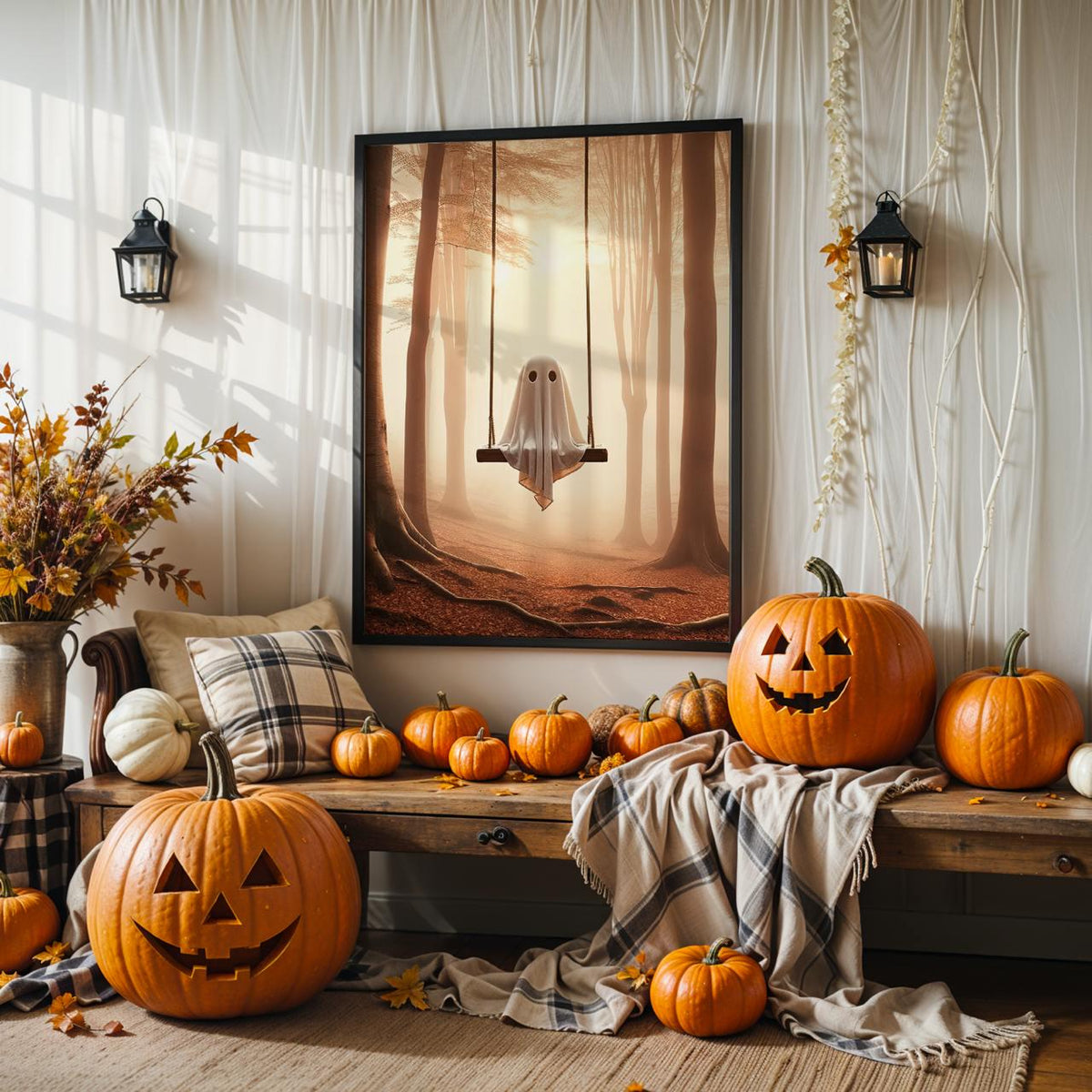 Ghost Swing Art Print – spooky whimsical poster of ghost swinging in forest, perfect Halloween decor, gothic wall art, d