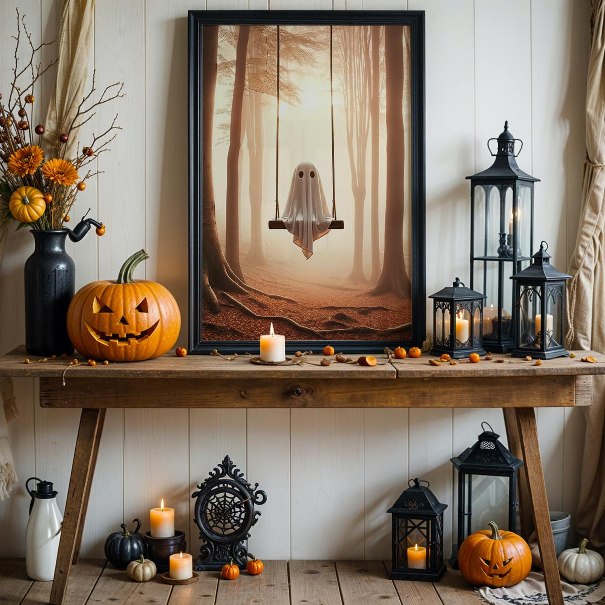 Ghost Swing Art Print – spooky whimsical poster of ghost swinging in forest, perfect Halloween decor, gothic wall art, d