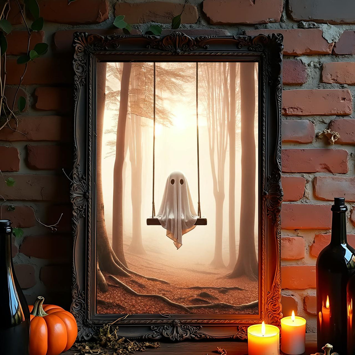 Ghost Swing Art Print – spooky whimsical poster of ghost swinging in forest, perfect Halloween decor, gothic wall art, d