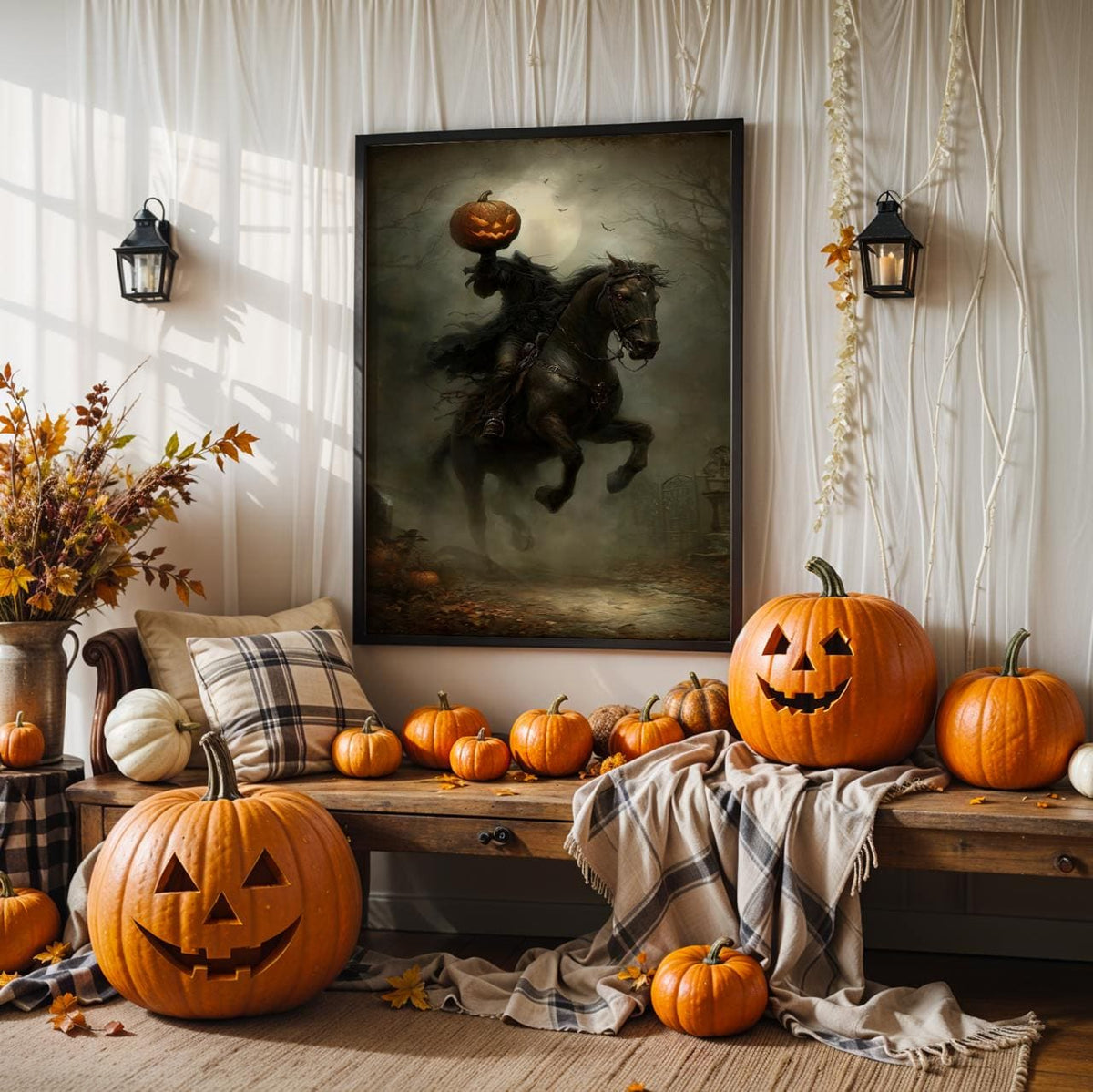 Headless Horseman Halloween Print, Pumpkin in Hand Riding Through Autumn Forest Poster, Dark Fantasy Gift, dark cottagec