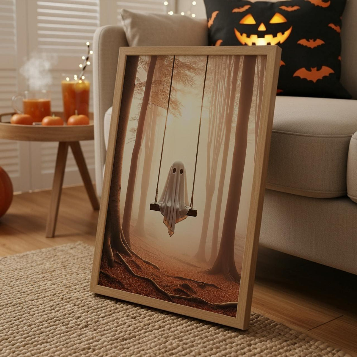 Ghost Swing Art Print – spooky whimsical poster of ghost swinging in forest, perfect Halloween decor, gothic wall art, d