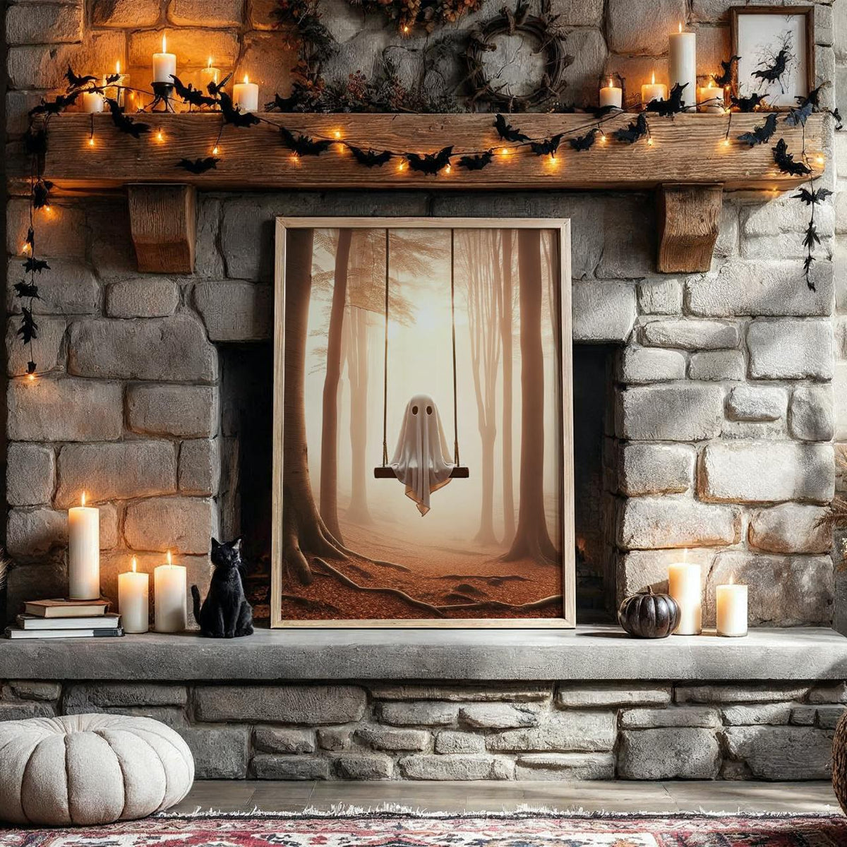 Ghost Swing Art Print – spooky whimsical poster of ghost swinging in forest, perfect Halloween decor, gothic wall art, d