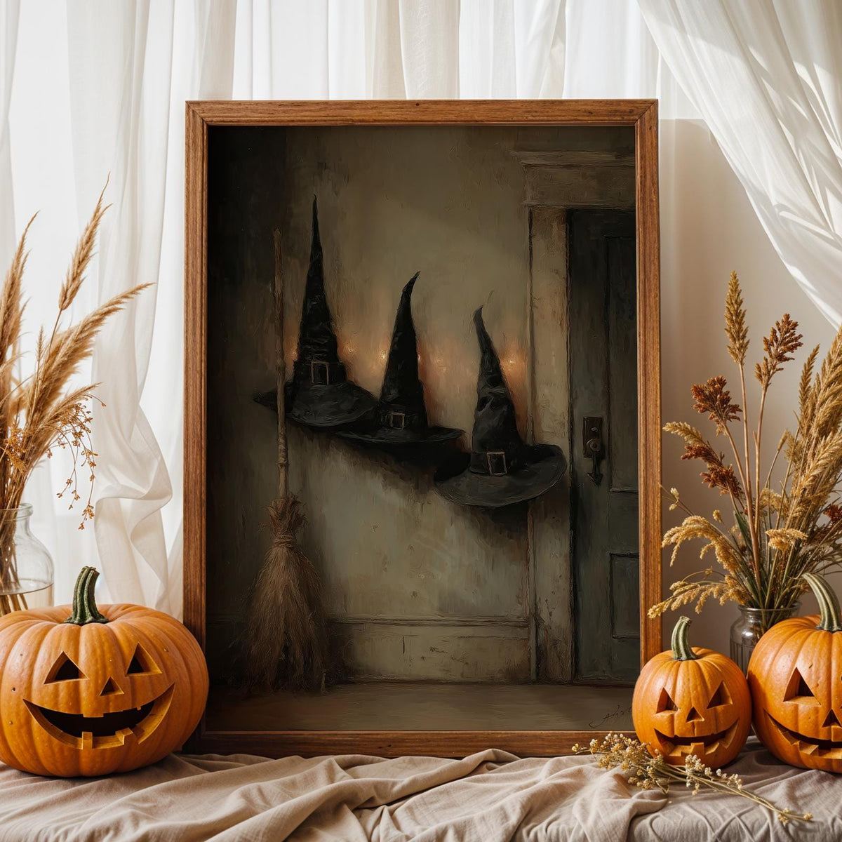 Victorian Witch Hats and Brooms Halloween Poster, Dark Gothic halloween art print wall decor poster, witch hats art
