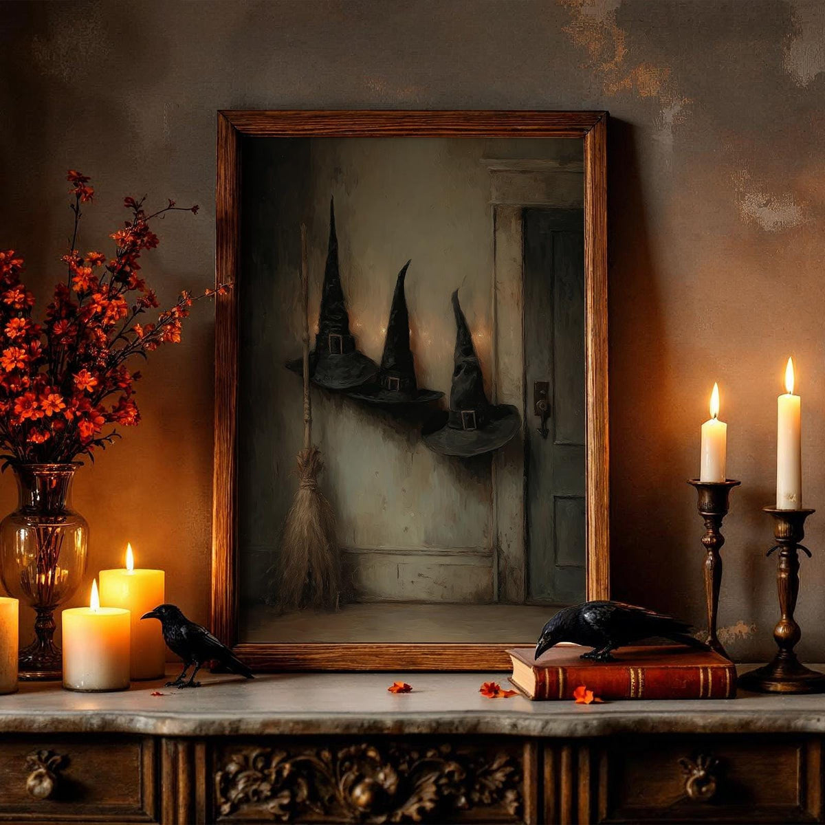 Victorian Witch Hats and Brooms Halloween Poster, Dark Gothic halloween art print wall decor poster, witch hats art