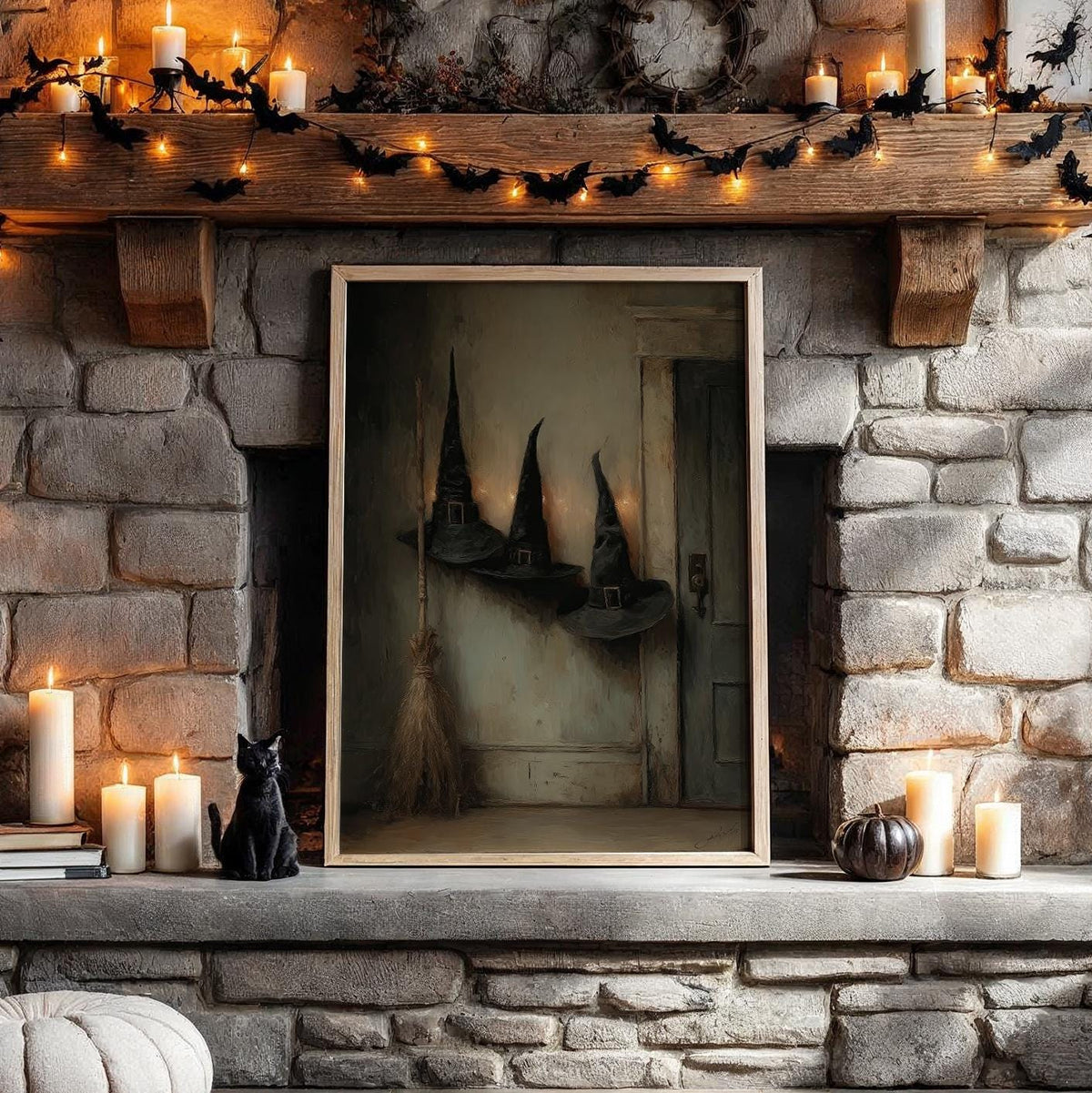 Victorian Witch Hats and Brooms Halloween Poster, Dark Gothic halloween art print wall decor poster, witch hats art