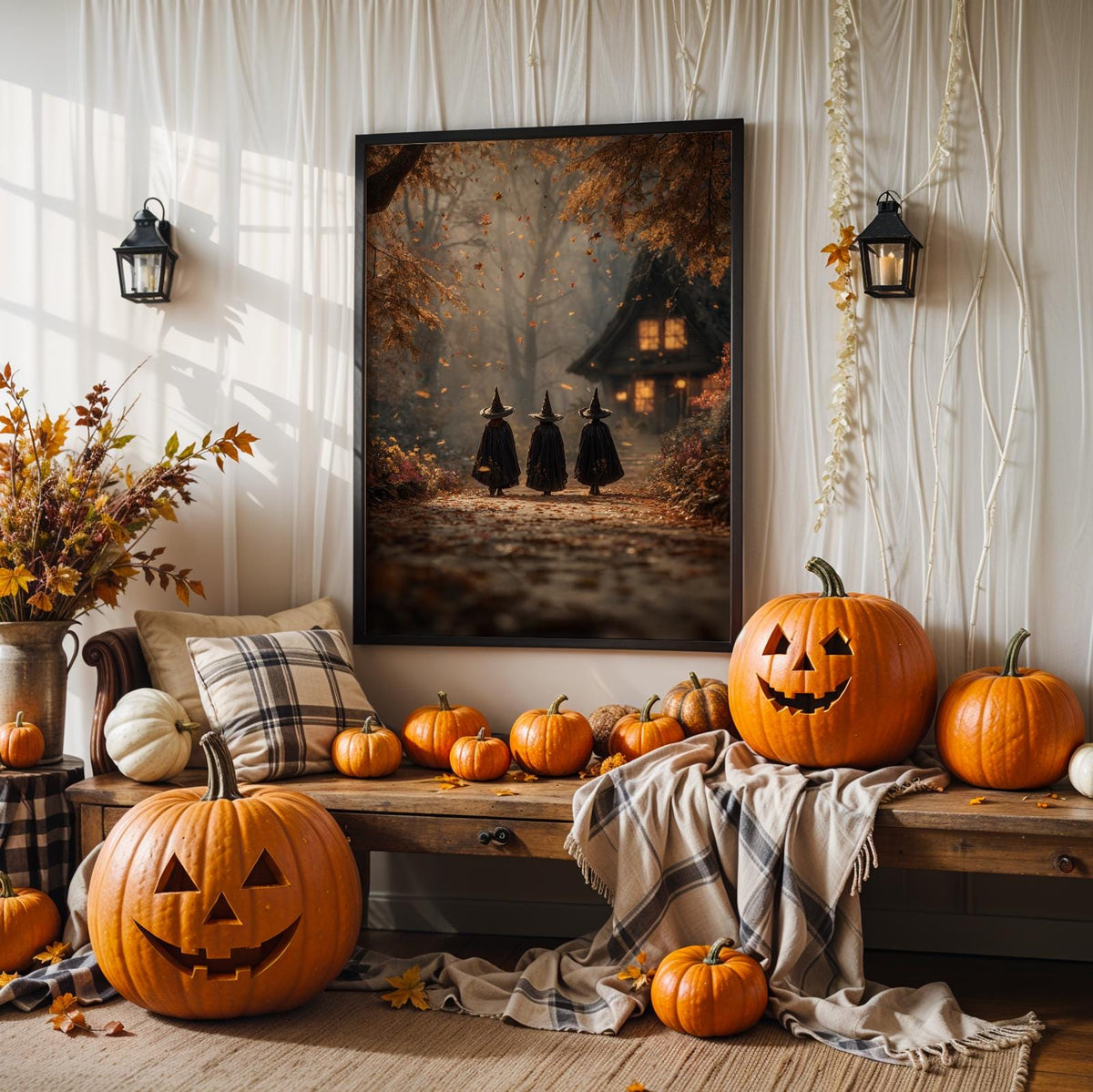Three Witches on Autumn Path Poster – mystical Halloween wall art print, spooky seasonal artwork for cozy fall home and 