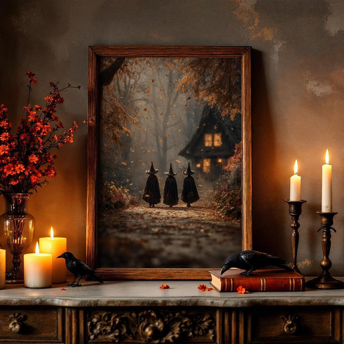 Three Witches on Autumn Path Poster – mystical Halloween wall art print, spooky seasonal artwork for cozy fall home and 