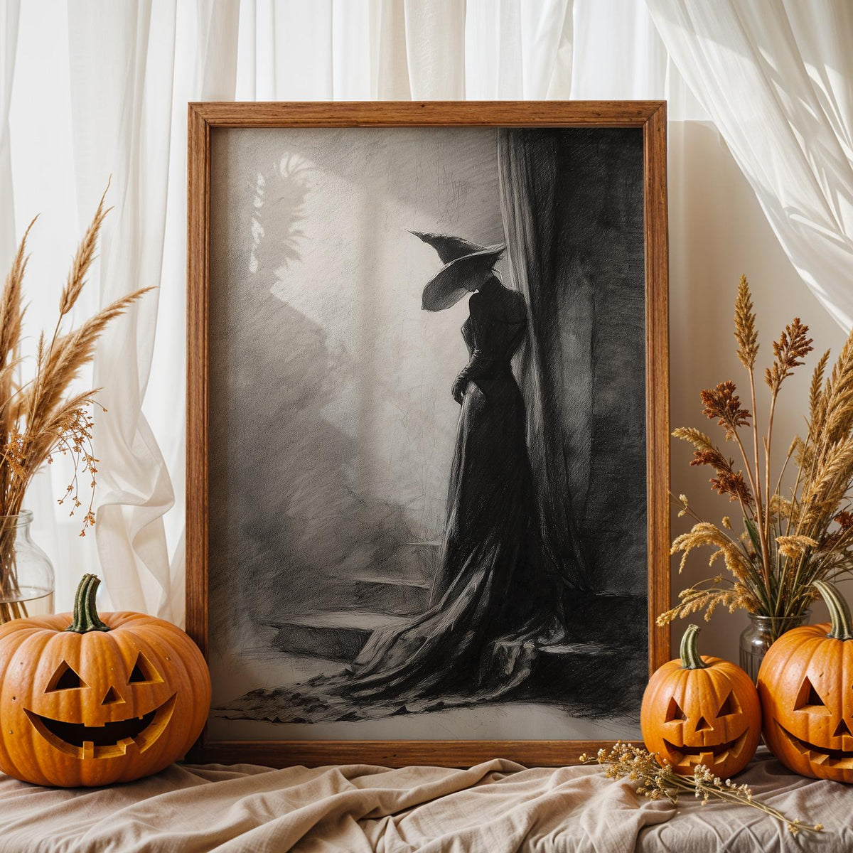 Black and White Witch Poster – Spooky Halloween wall art of a witch leaning against a tree, eerie forest scene, gothic s
